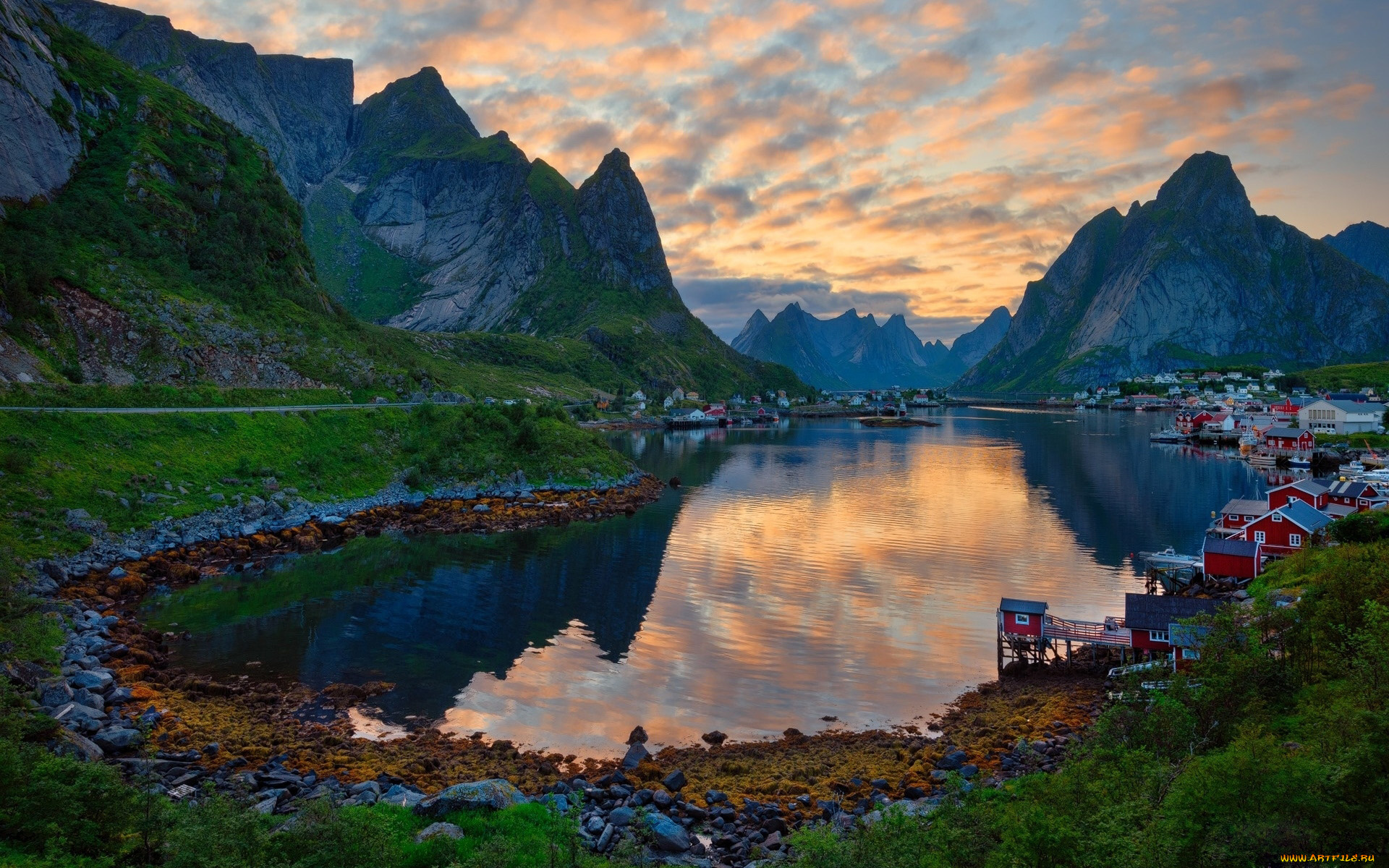 города, лофотенские, острова, , норвегия, горы, фьорд, дома