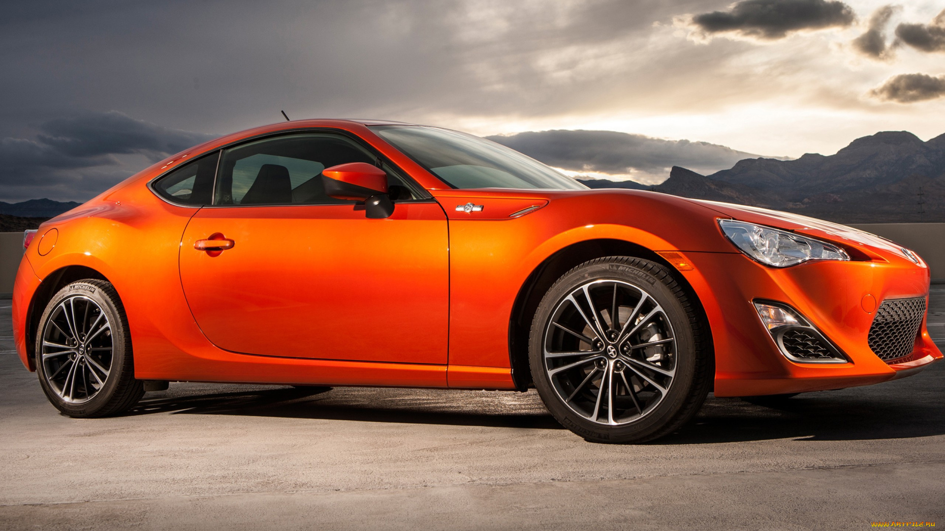 автомобили, scion, оранжевый, горы, облака