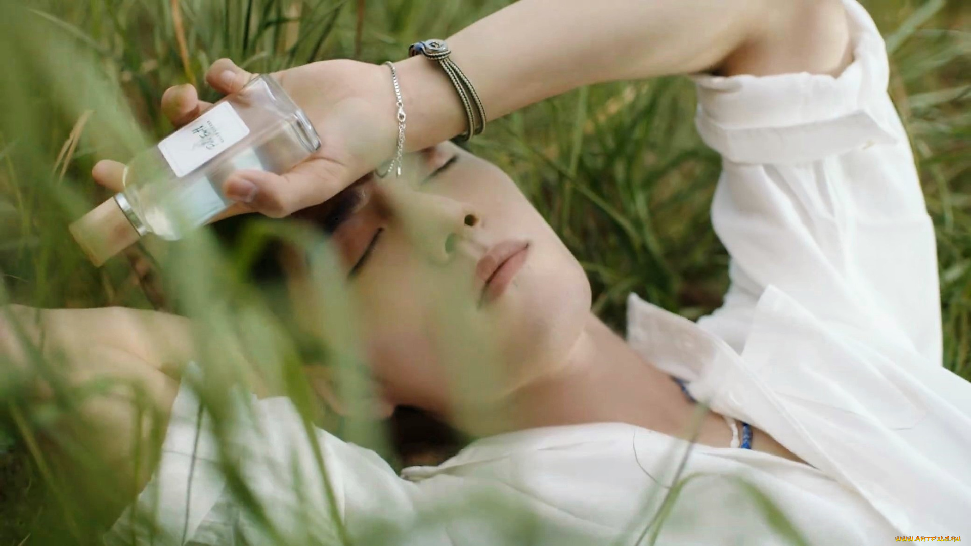 мужчины, xiao, zhan, лицо, рубашка, духи, флакон, трава