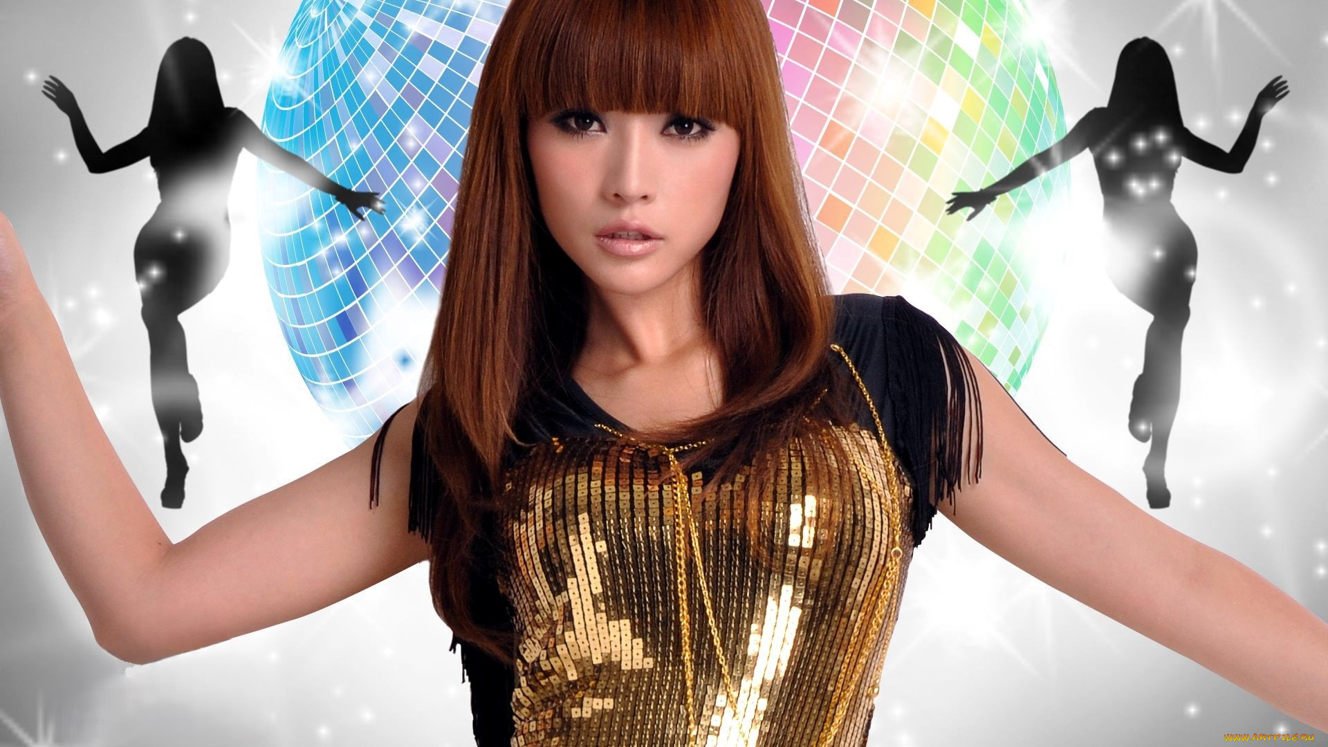 девушки, -, азиатки, шатенка, наряд, шар, танцы, силуэты