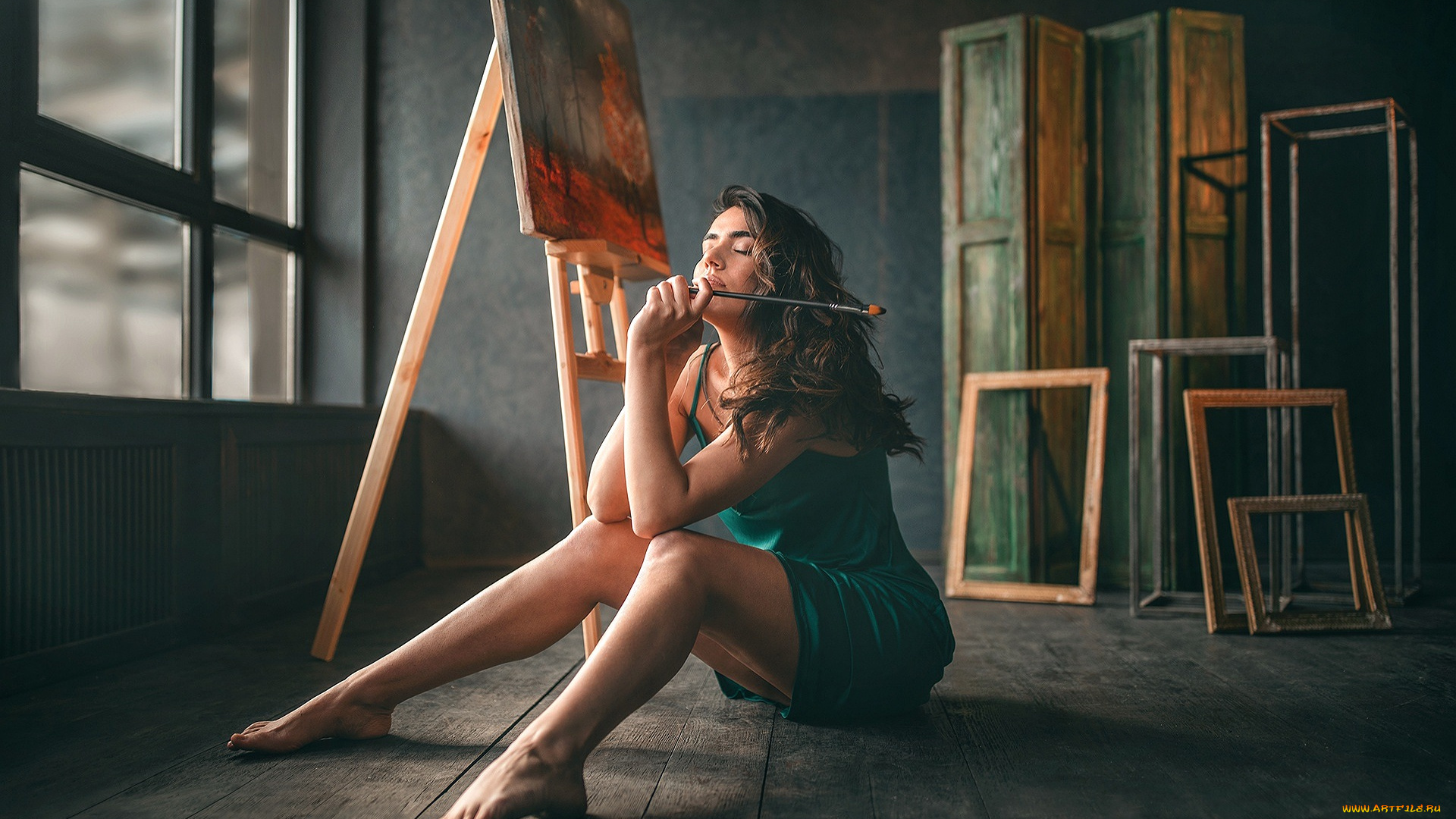 девушки, -, брюнетки, , шатенки, шатенка, платье, кисть, мольберт, картина, рамы, окно, студия, художница