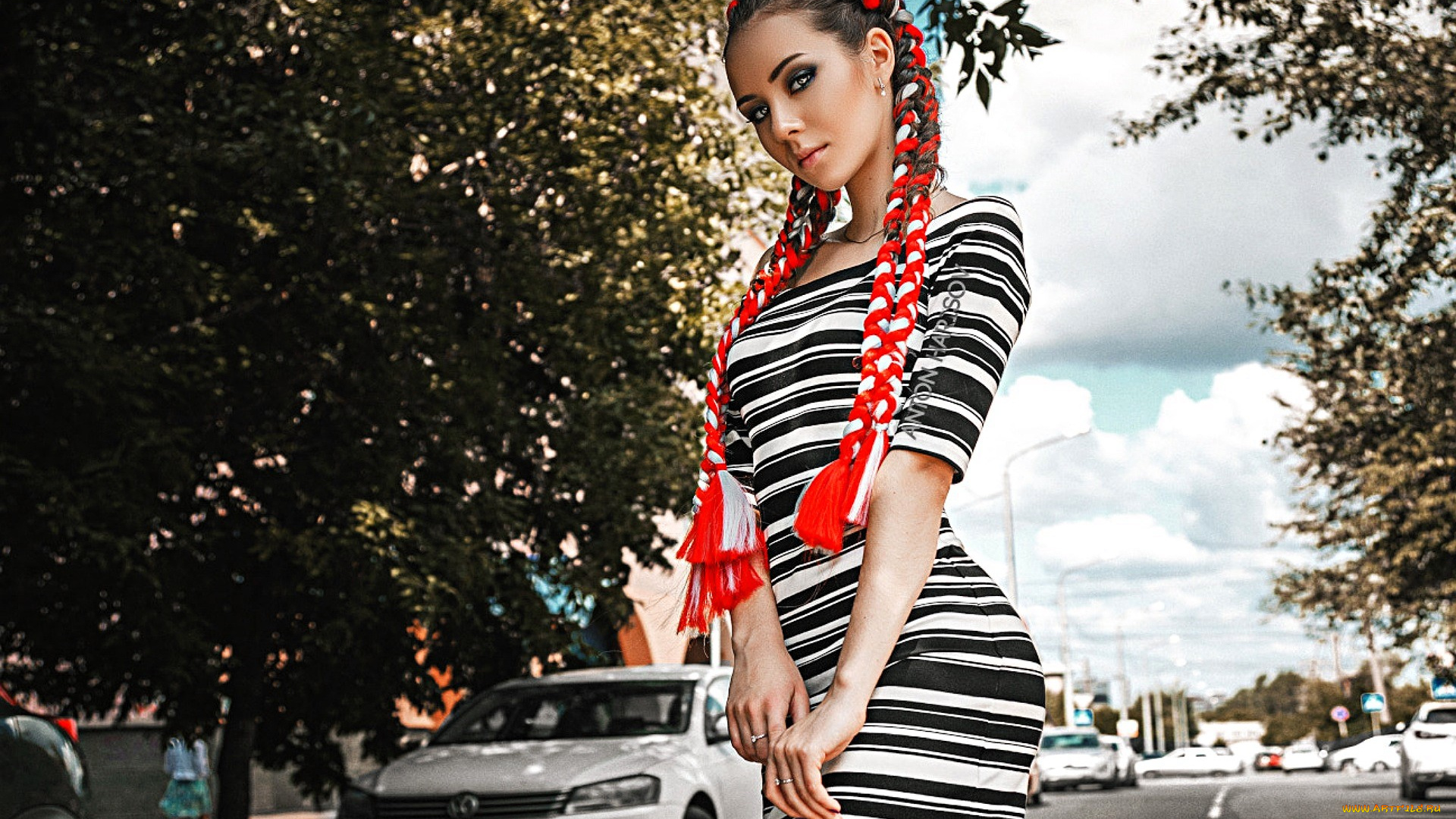 девушки, -, брюнетки, , шатенки, шатенка, косы, платье, город, улица, машины, деревья