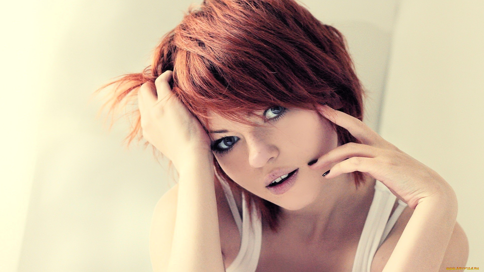 девушки, -, лица, , портреты, рыжая, лицо, майка