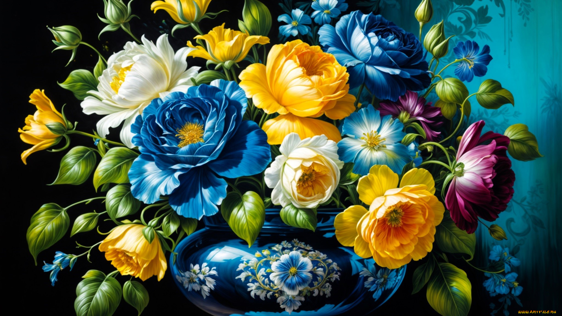 рисованное, цветы, букет, ваза, стол