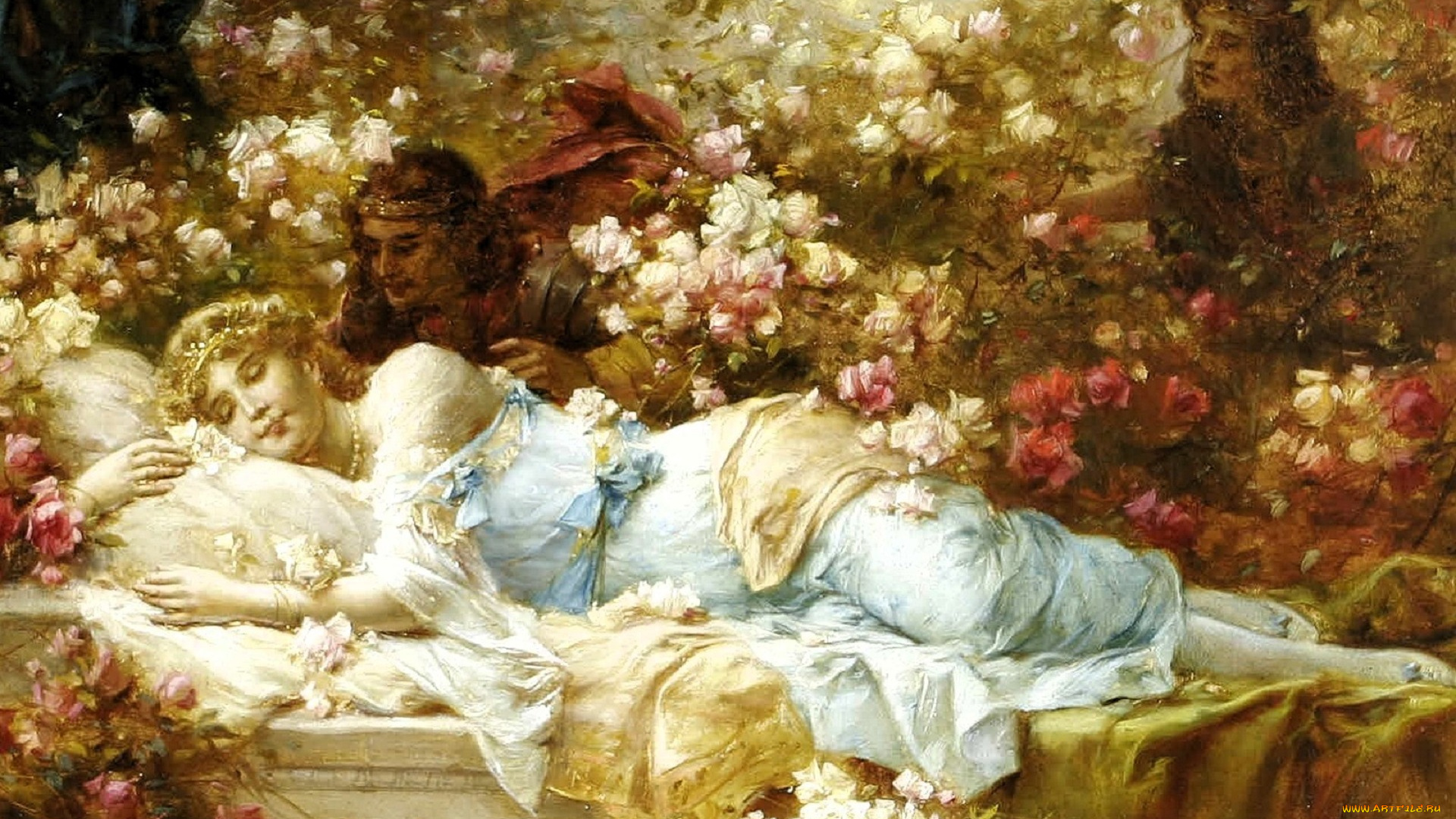 рисованное, hans, zatzka, девушка, сон, сад, цветы, люди