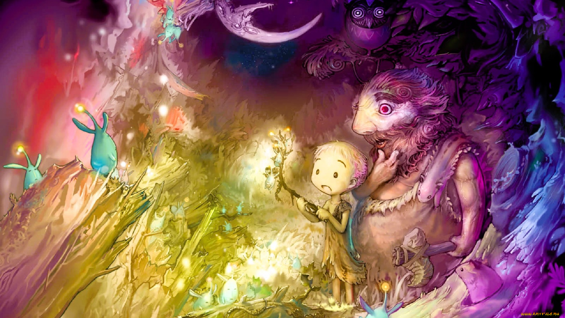 видео, игры, elebits, мужчина, девочка, существа, сова, месяц