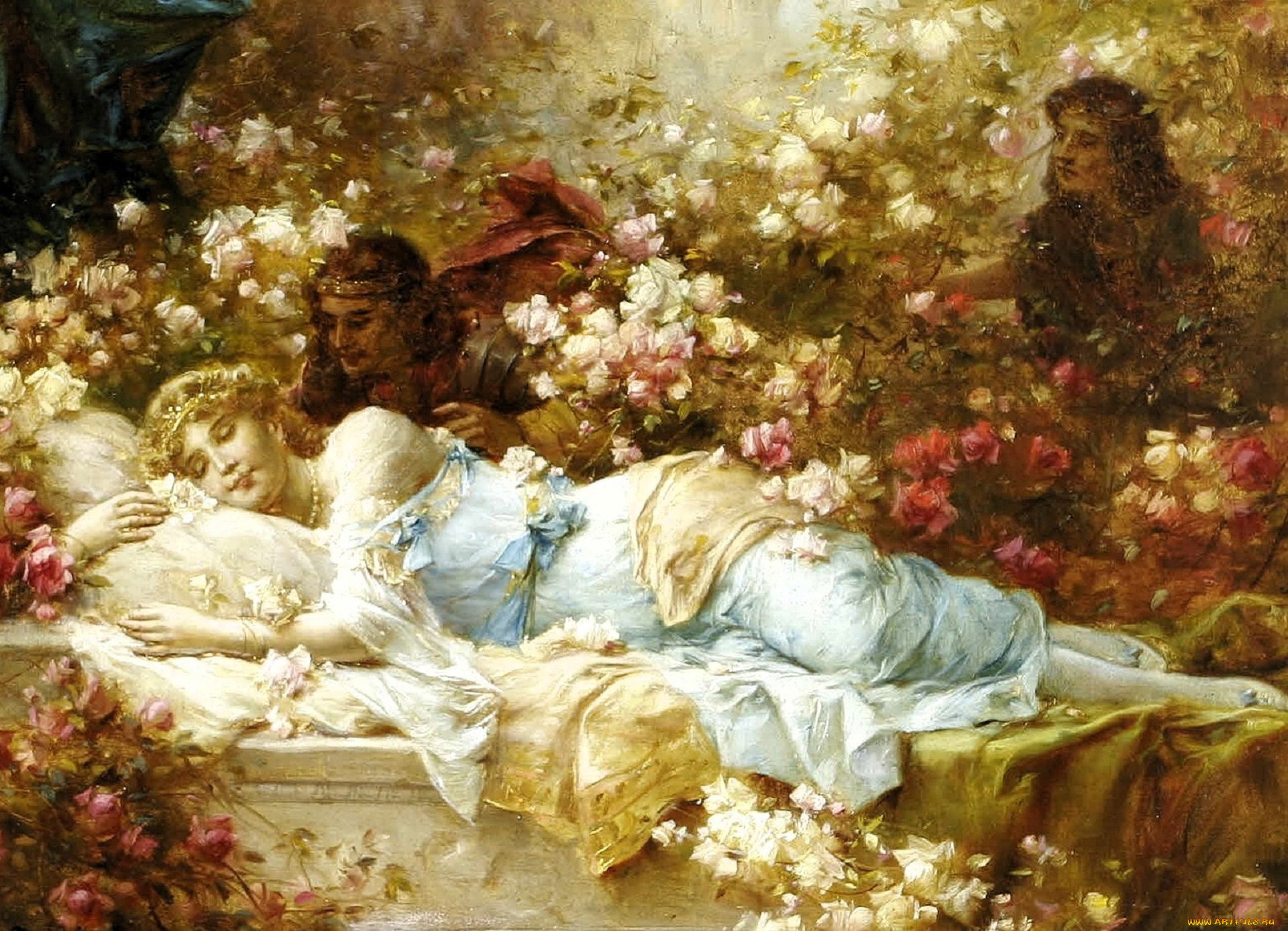 рисованное, hans, zatzka, девушка, сон, сад, цветы, люди