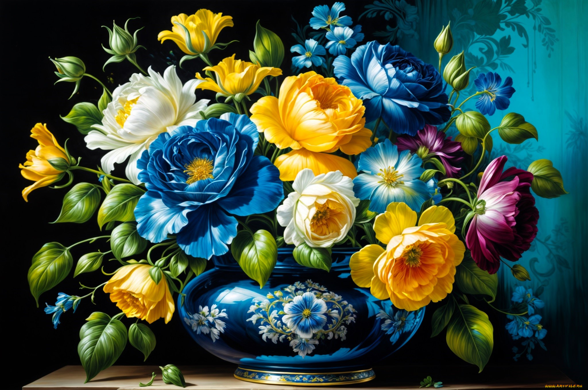 рисованное, цветы, букет, ваза, стол