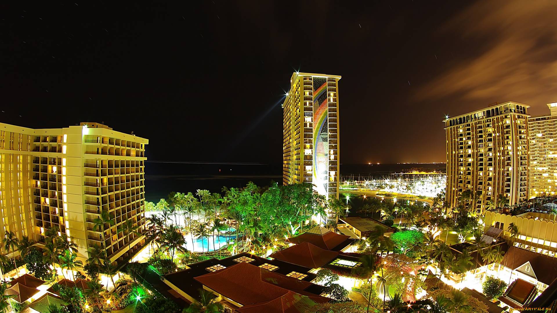 города, огни, ночного, waikiki, honolulu, hawaii