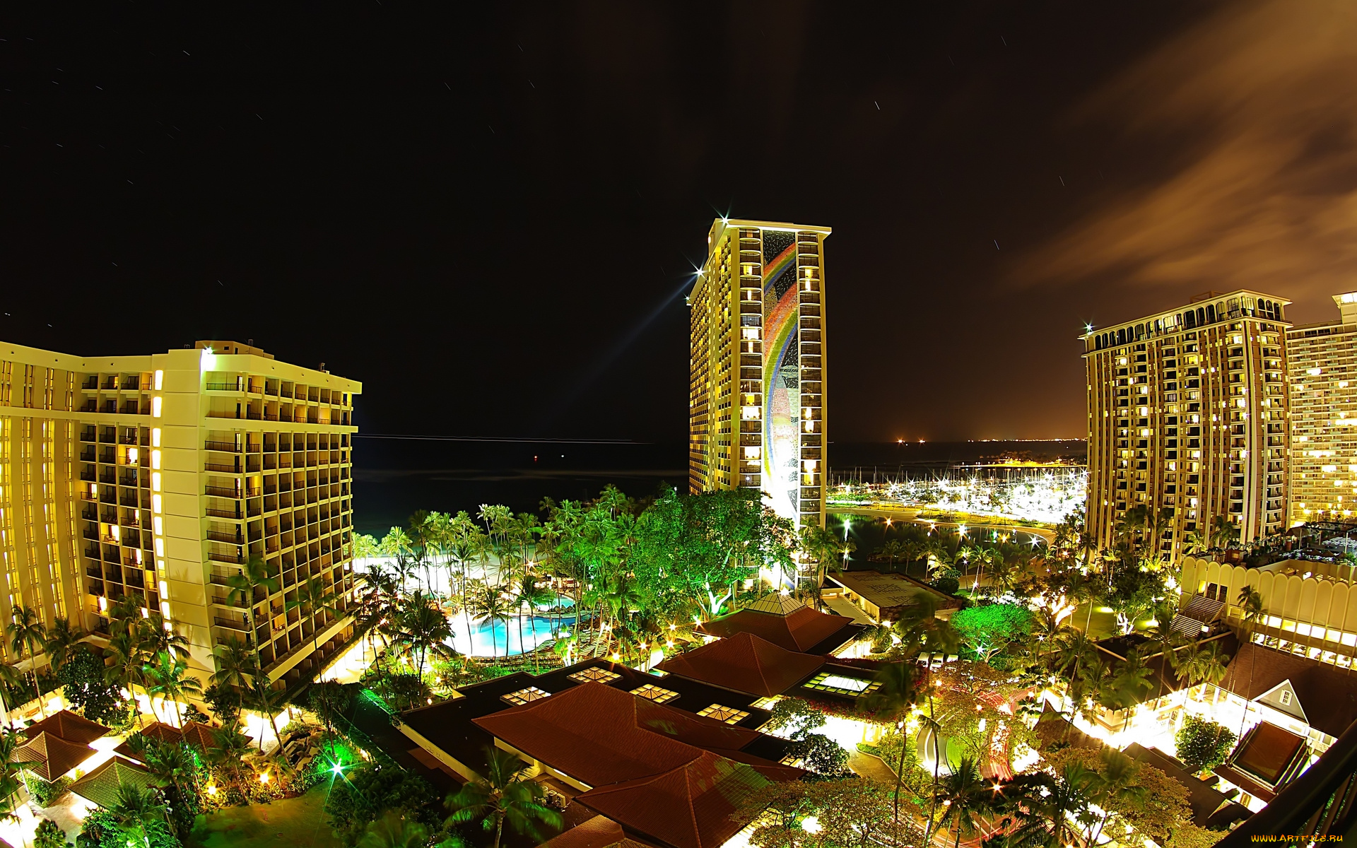города, огни, ночного, waikiki, honolulu, hawaii