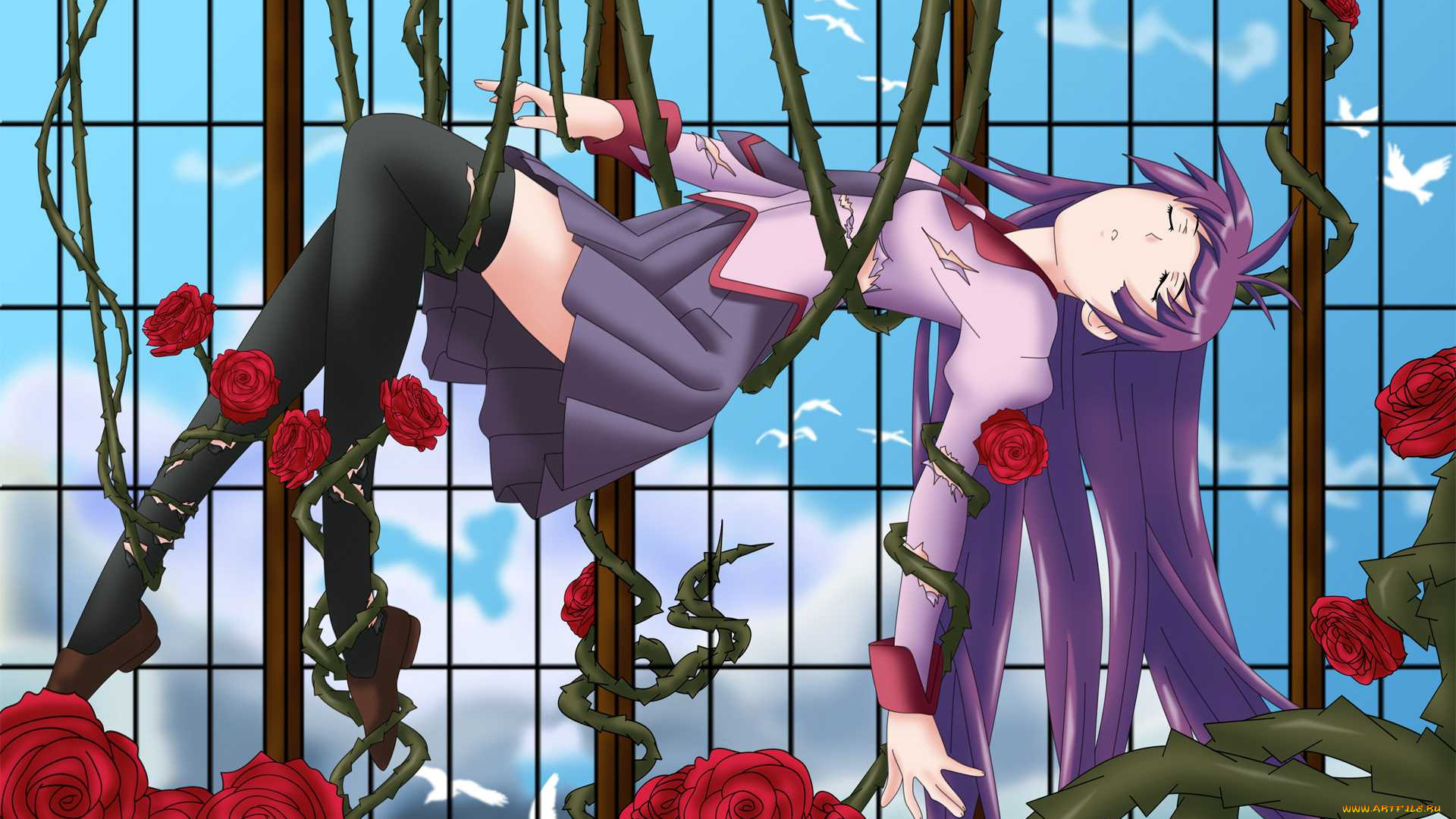 bakemonogatari, аниме, senjougahara, hitagi, девушка, форма, окна, небо, облака, птицы, розы, цветы, шипы, стебли