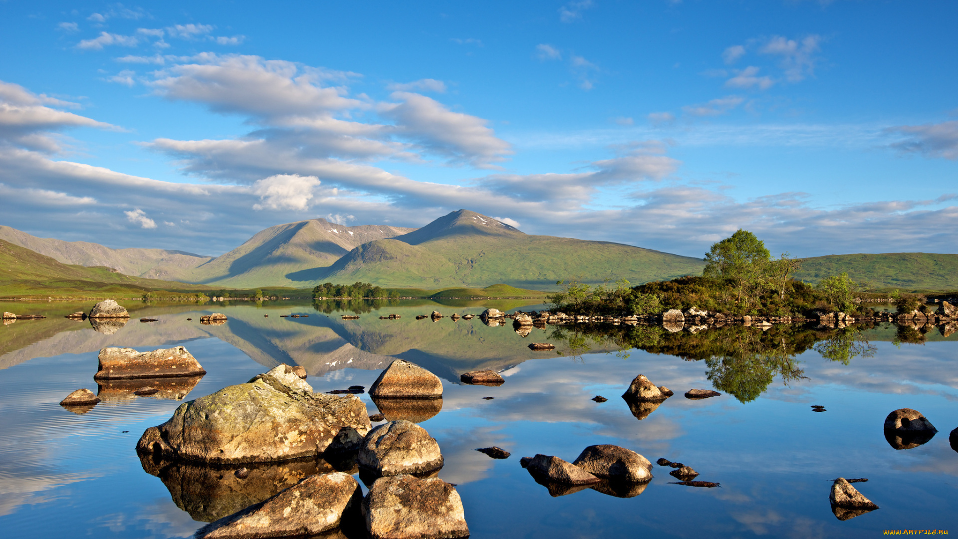 природа, реки, озера, лето, отражения, камни, озеро, деревья, холмы, горы, облака, небо