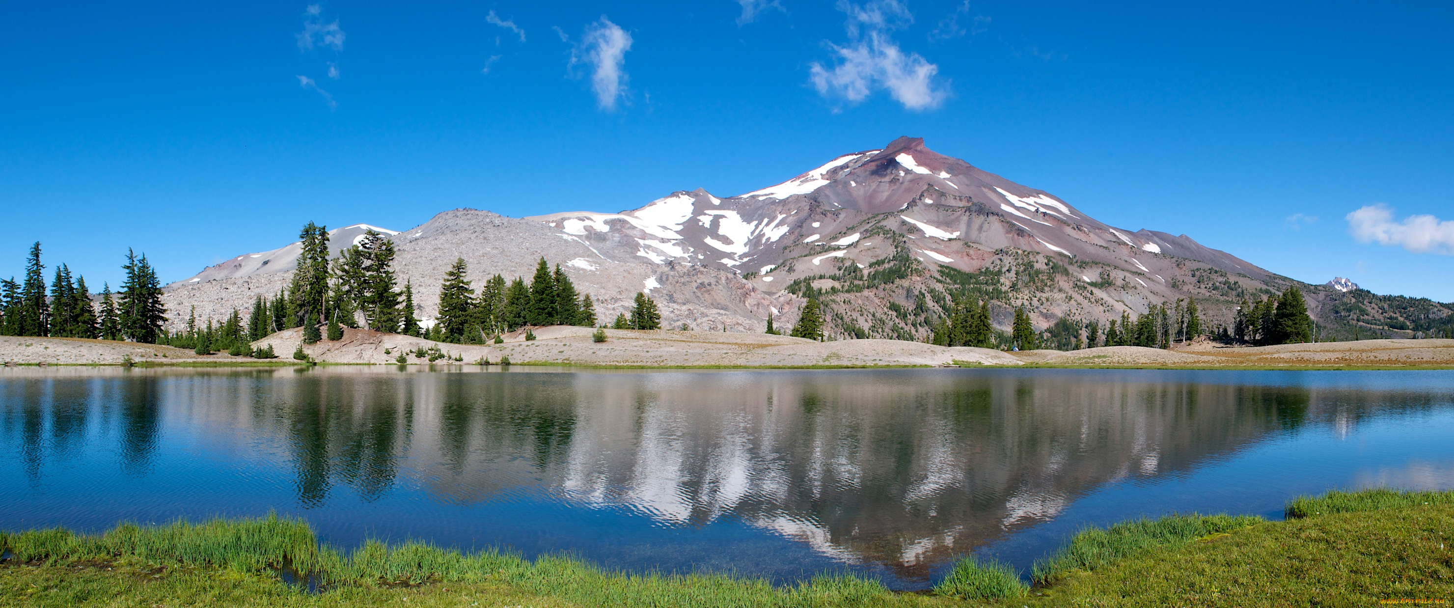 природа, реки, озера, горное, озеро, лес, вершины, снег