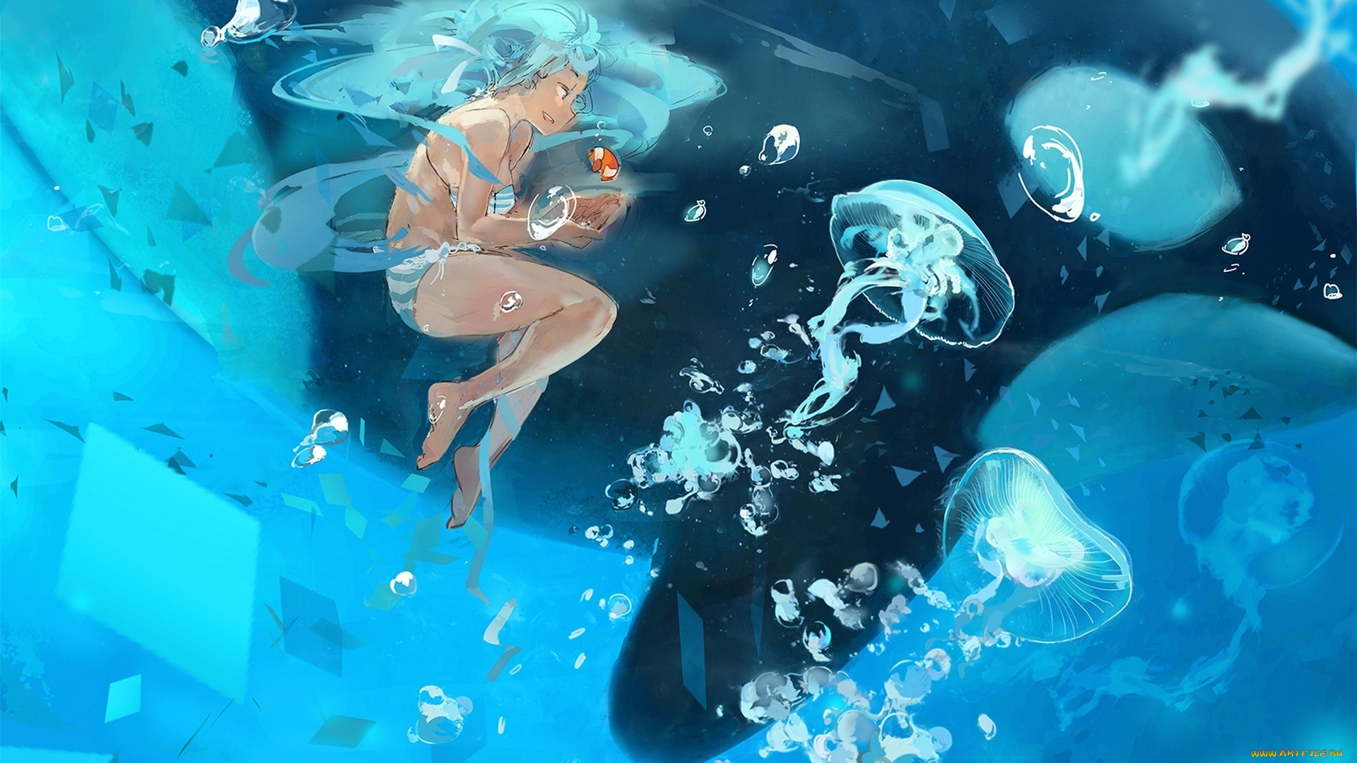 аниме, vocaloid, медуза, девочка, море