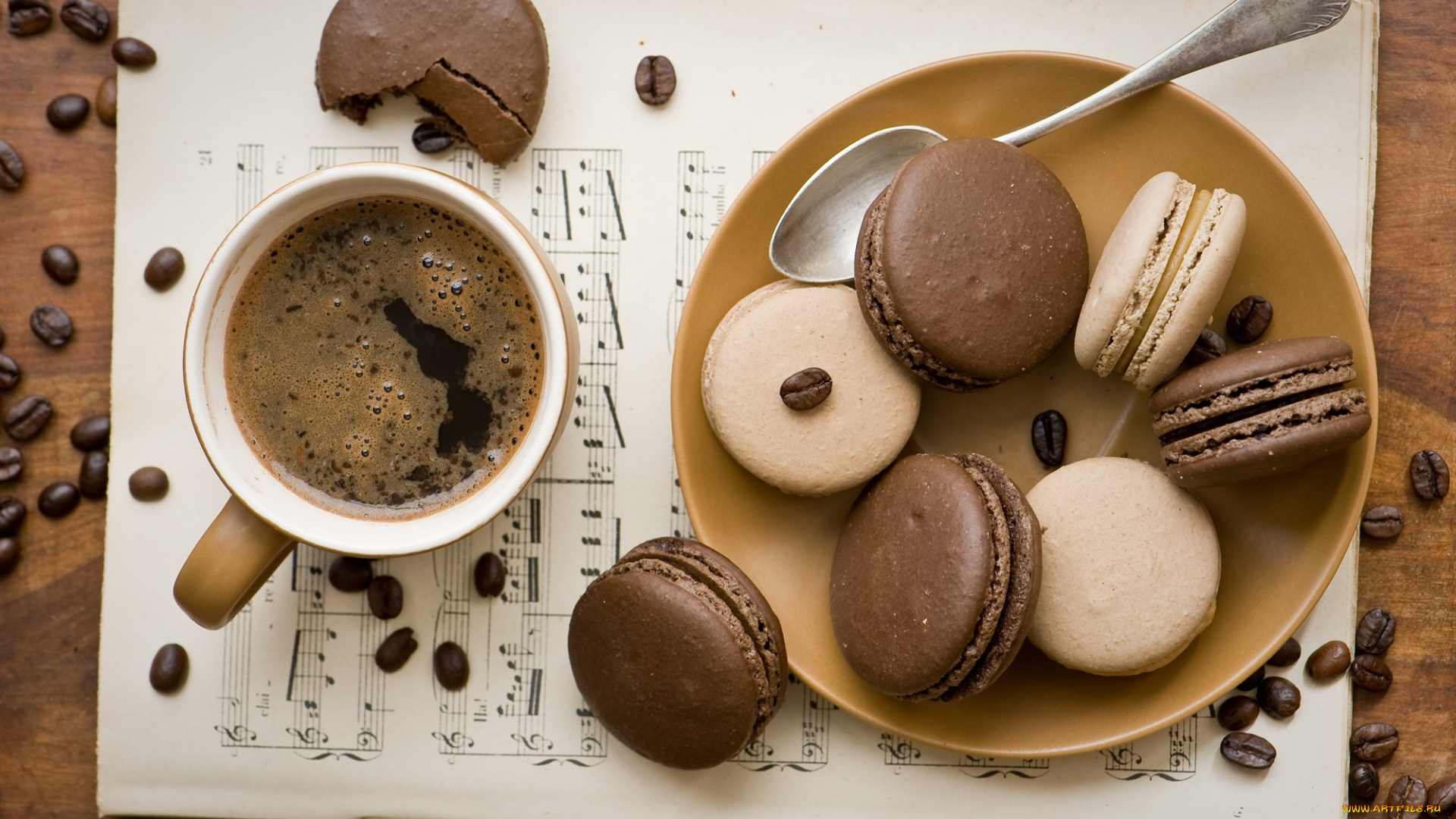 еда, разное, кофе, ноты, зерна, макаруны