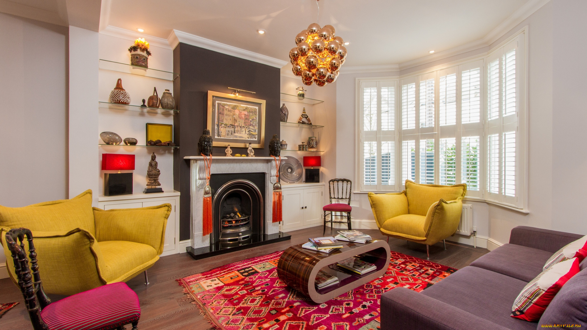 интерьер, гостиная, кресла, камин, декор
