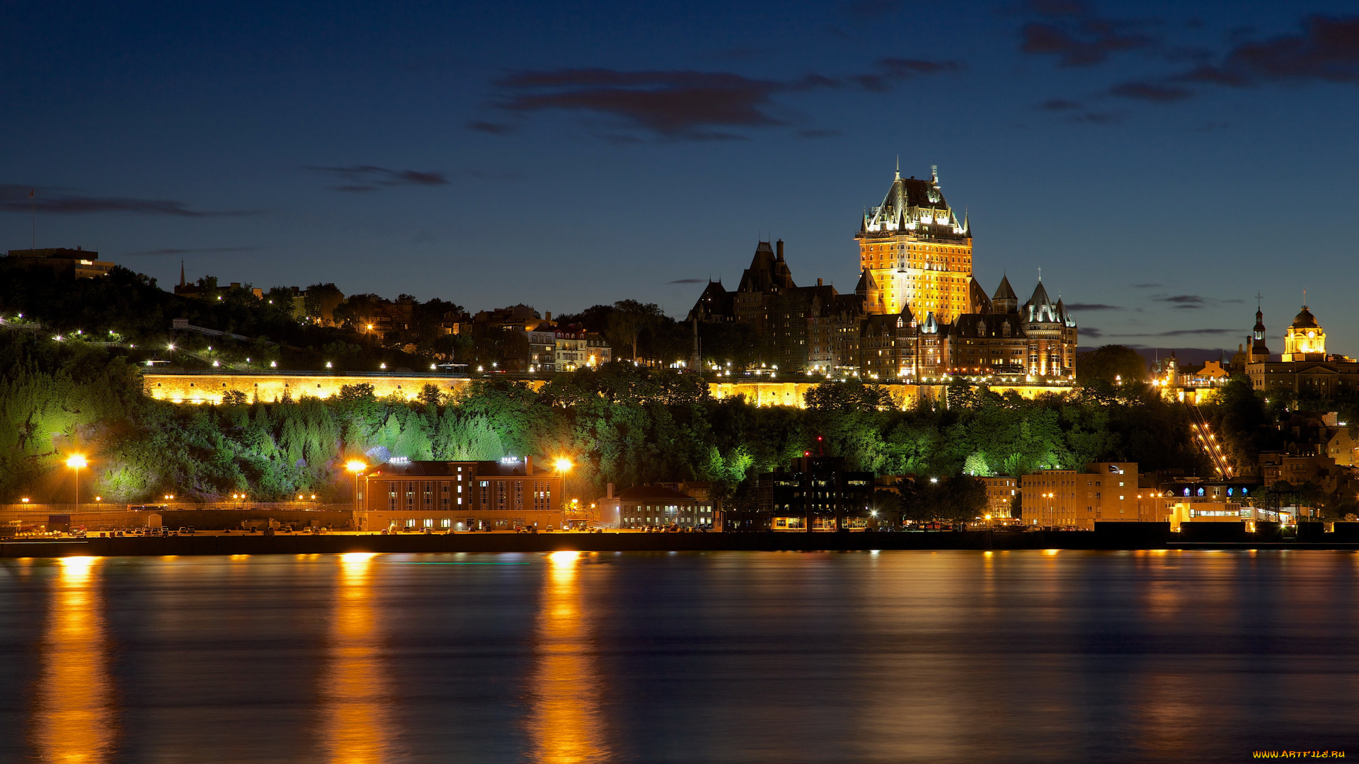 канада, quebec, города, огни, ночного, ночь, река, дома