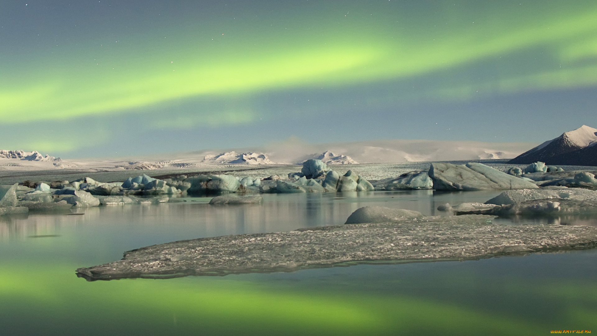 природа, северное, сияние, вершины, лед