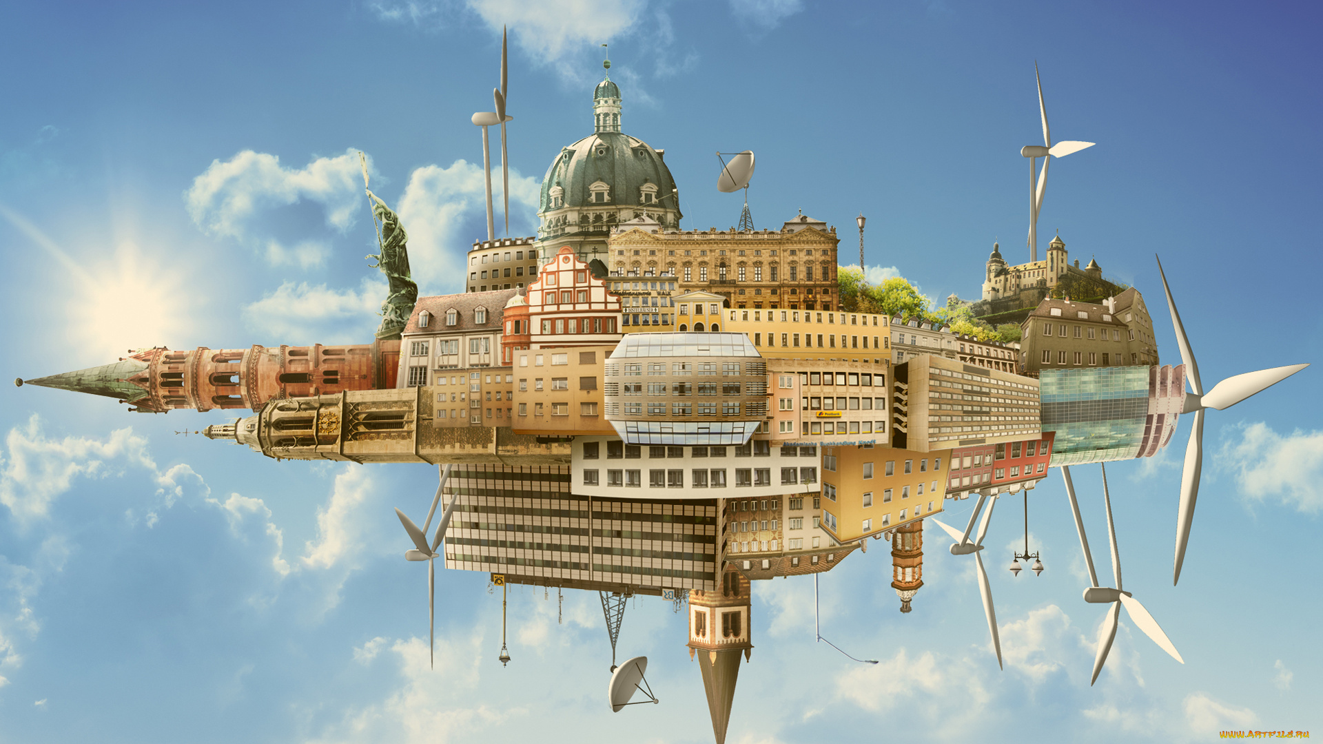 разное, компьютерный, дизайн, небо, пропеллеры, облака, дома, абстракция