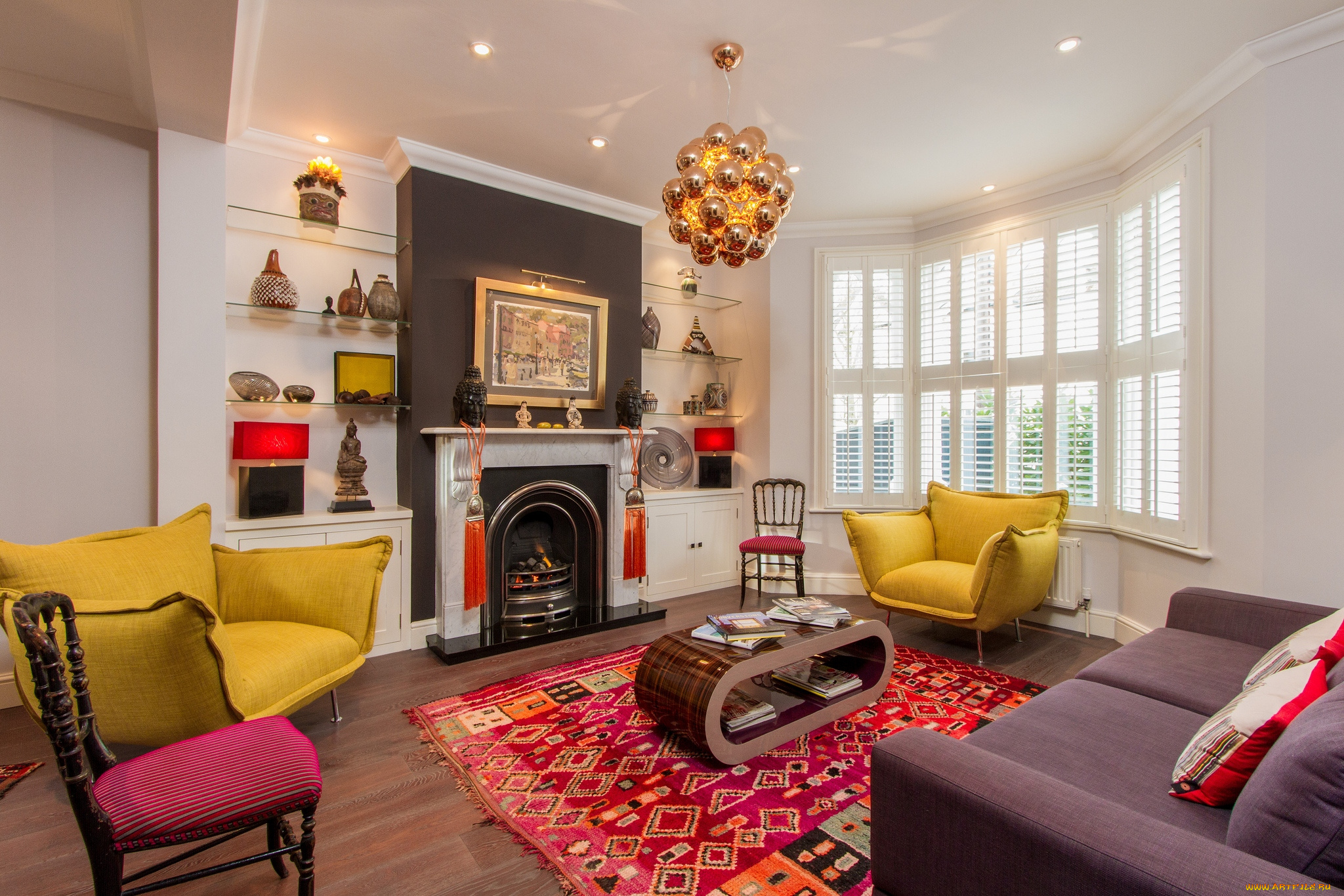 интерьер, гостиная, кресла, камин, декор