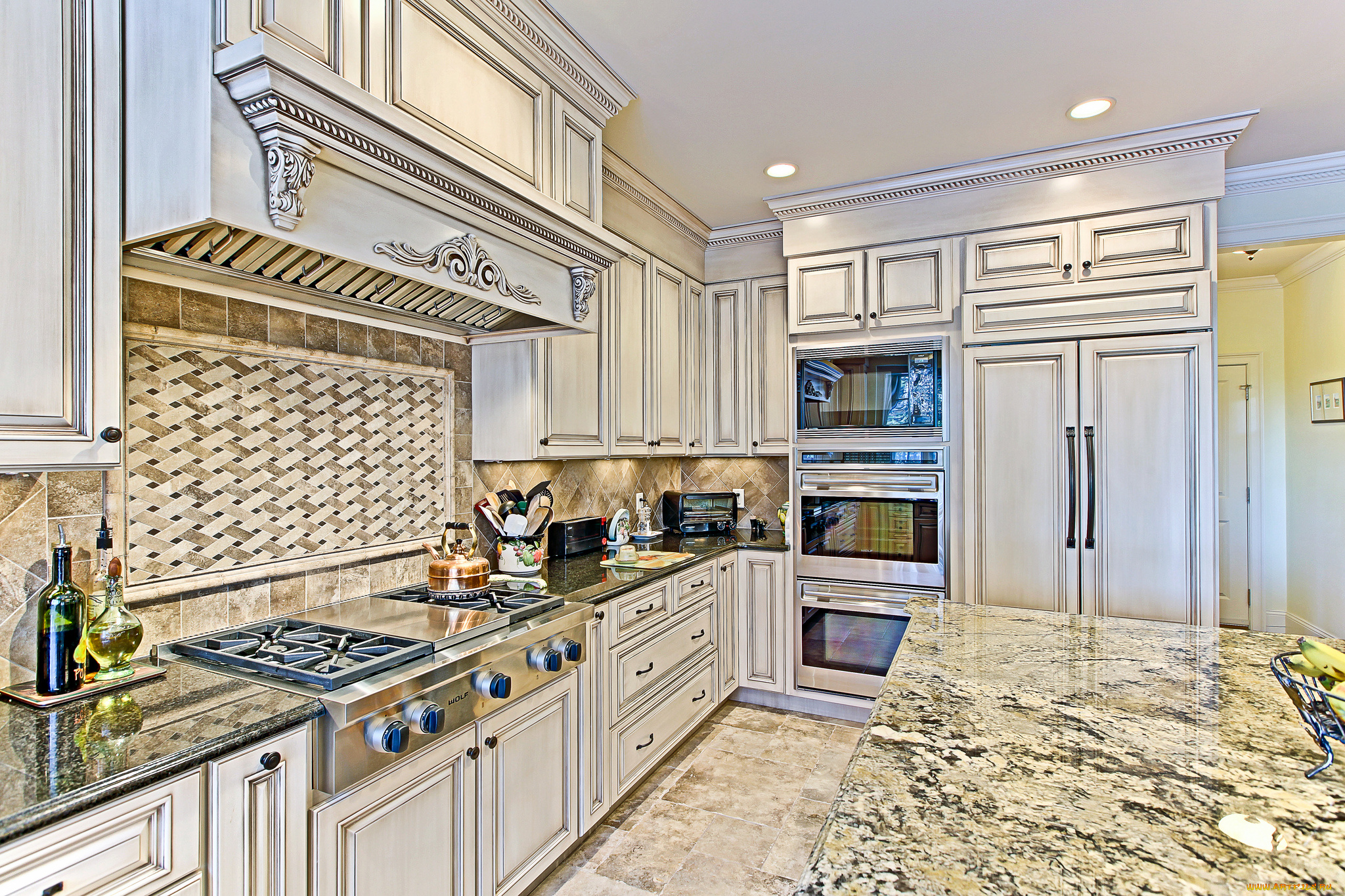 интерьер, кухня, мебель, плита, посуда