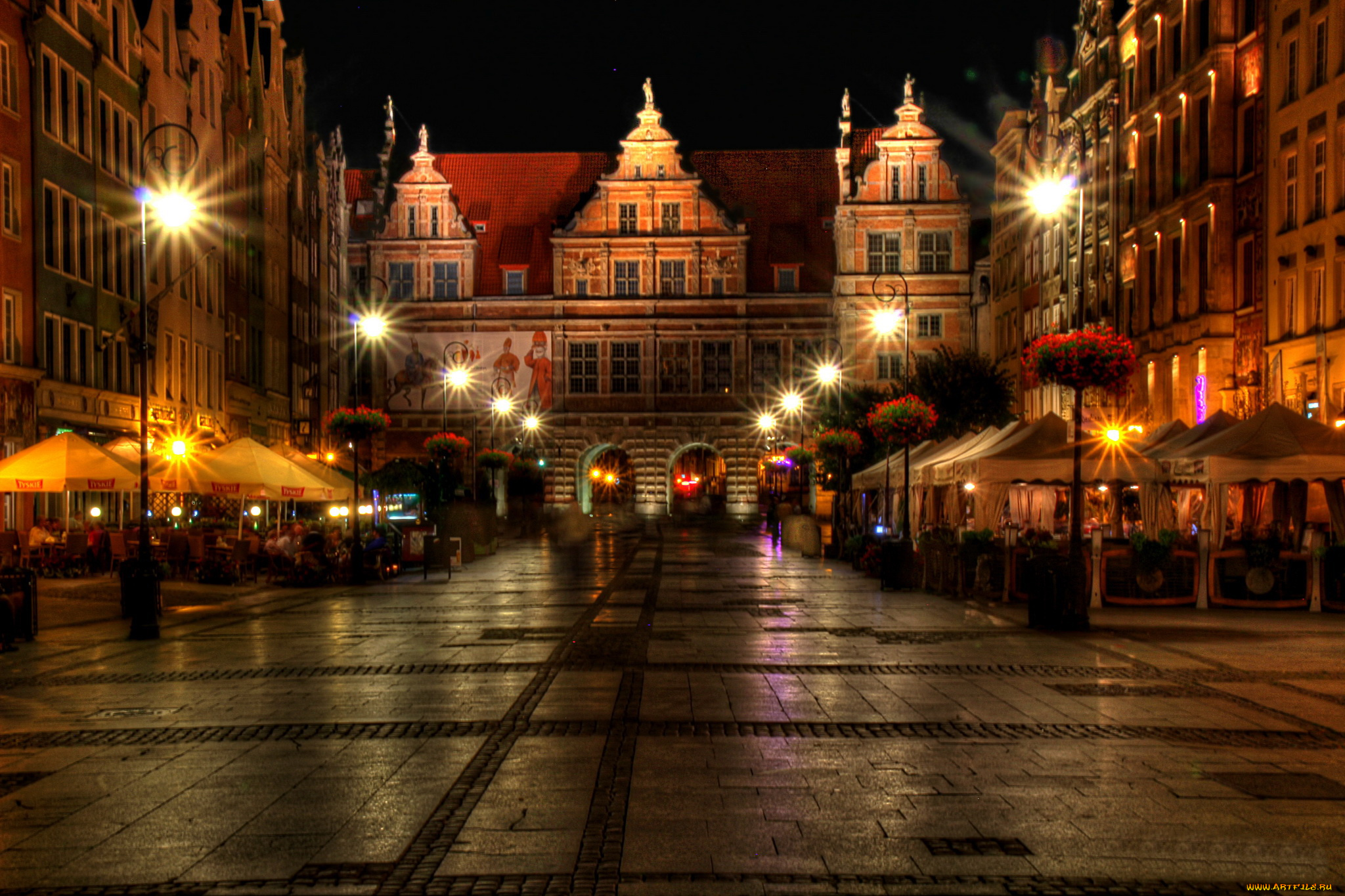 польша, гданьск, города, огни, ночь, дома, площадь