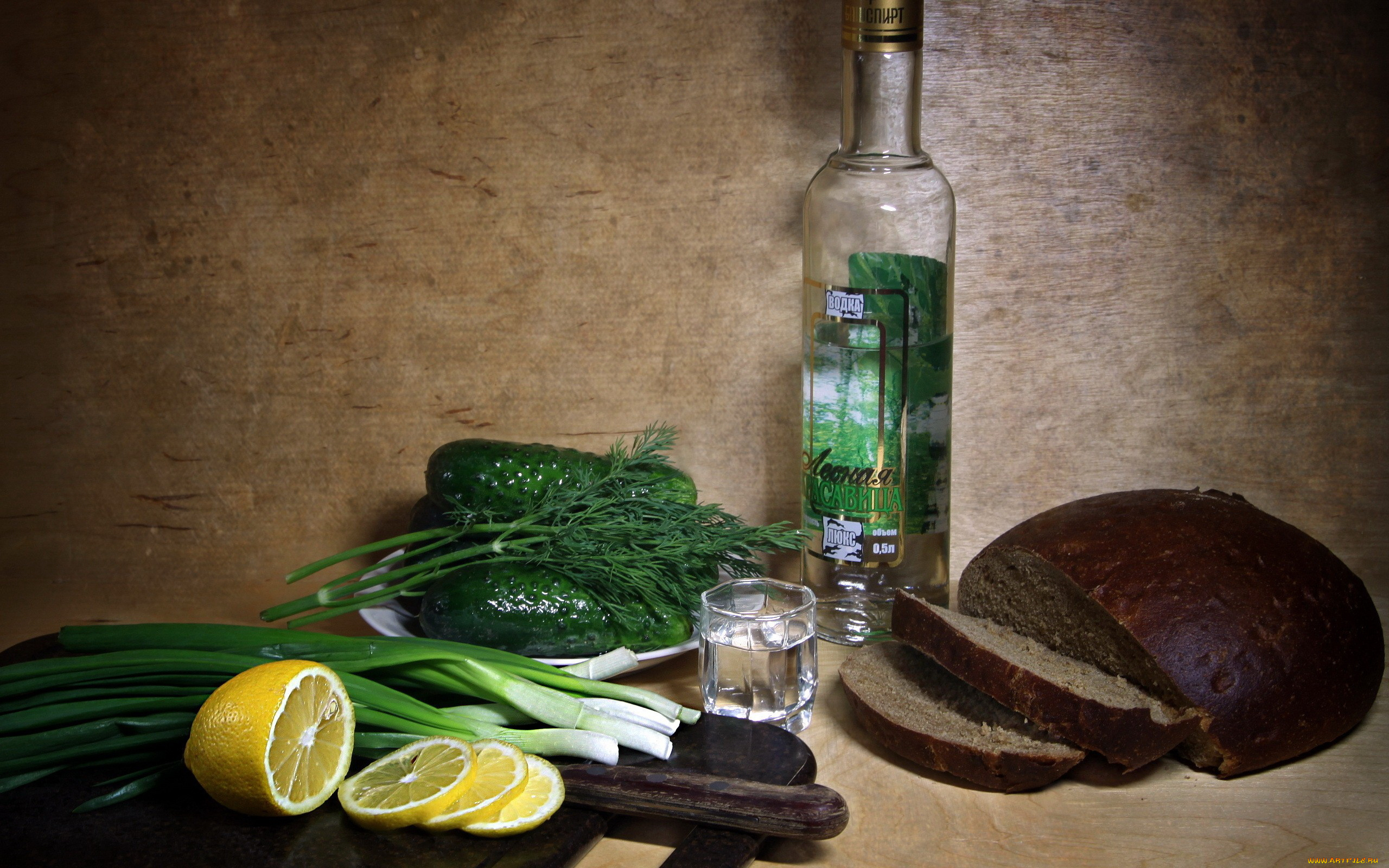 еда, натюрморт, лук, лимон, черный, хлеб, водка