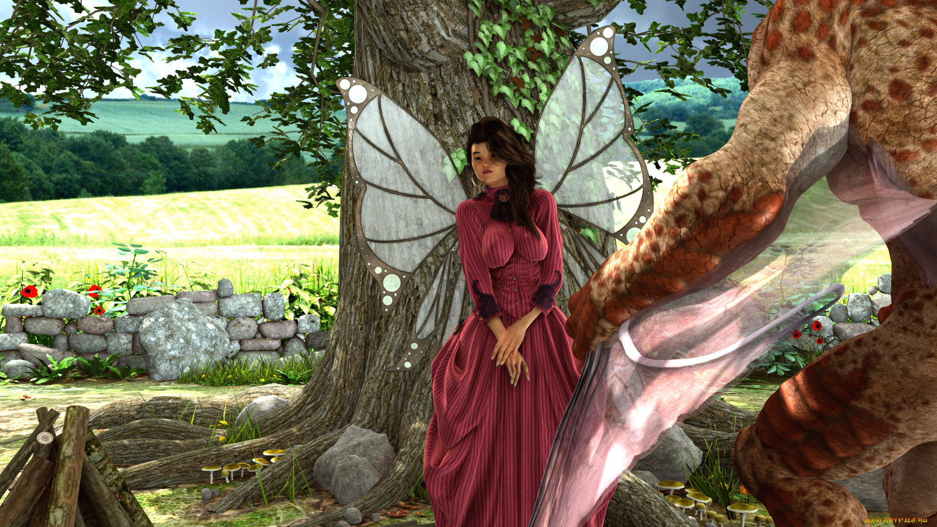 3д, графика, эльфы, , elves, эльфийка, взгляд, дерево, крылья