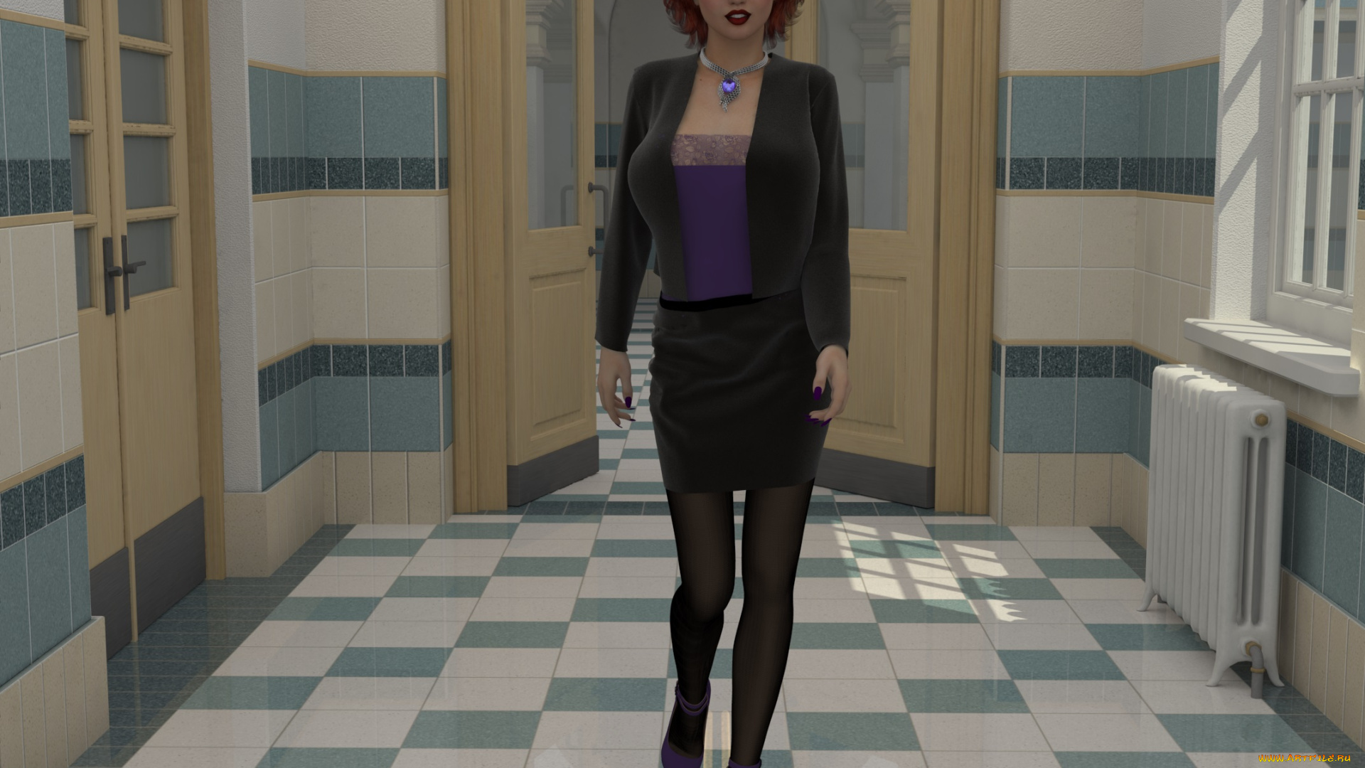 3д, графика, люди, , people, девушка, взгляд, коридор