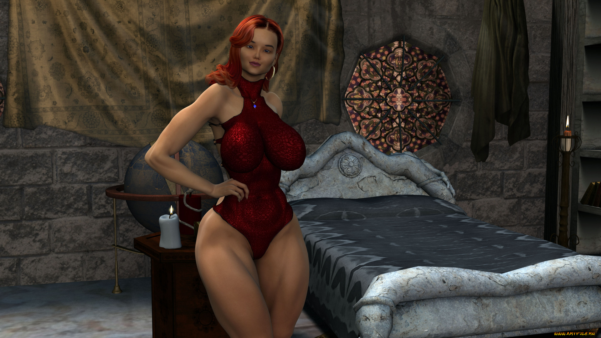 3д, графика, люди, , people, девушка, взгляд, рыжая, кровать