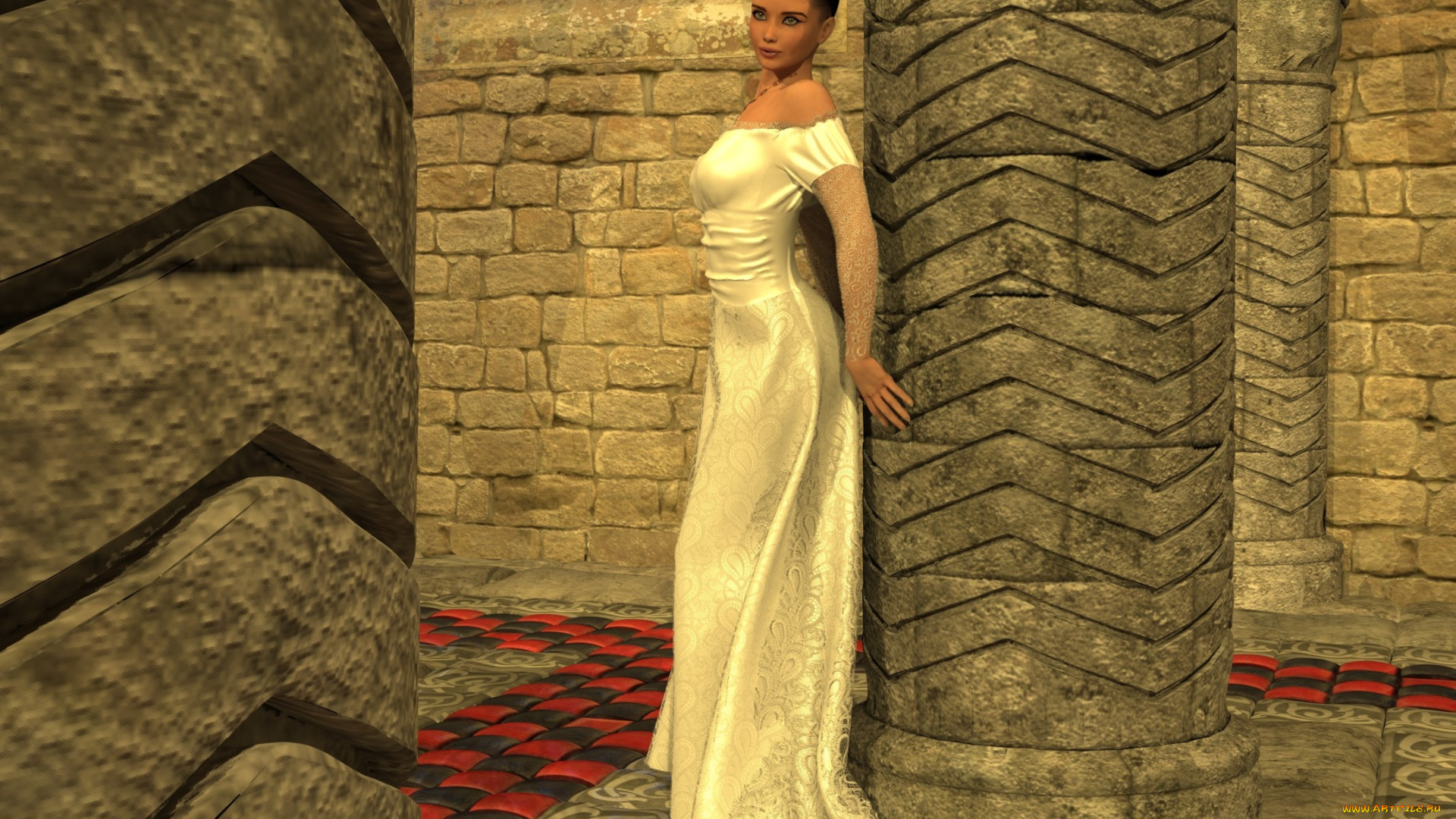 3д, графика, люди, , people, платье, стена, взгляд, девушка