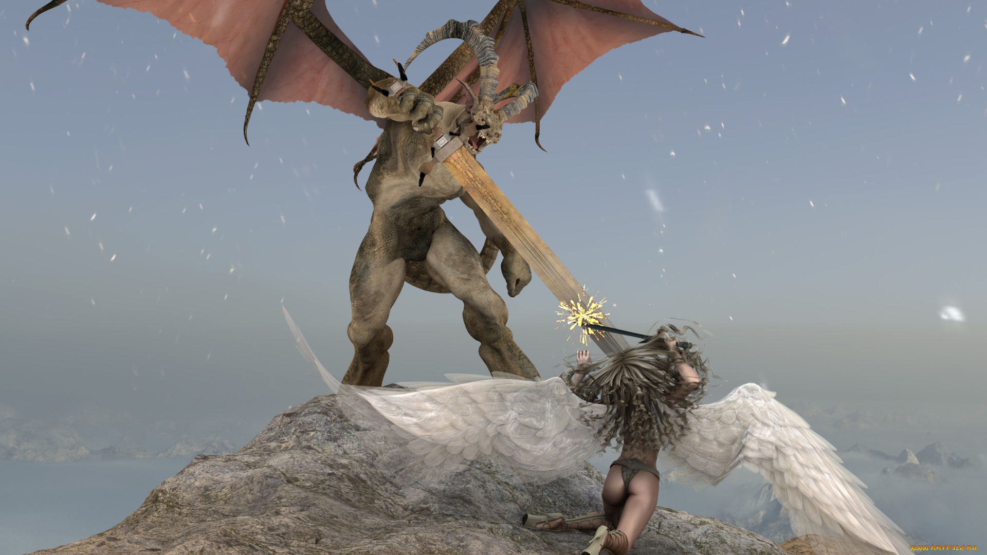 3д, графика, существа, , creatures, дракон, меч, ангел