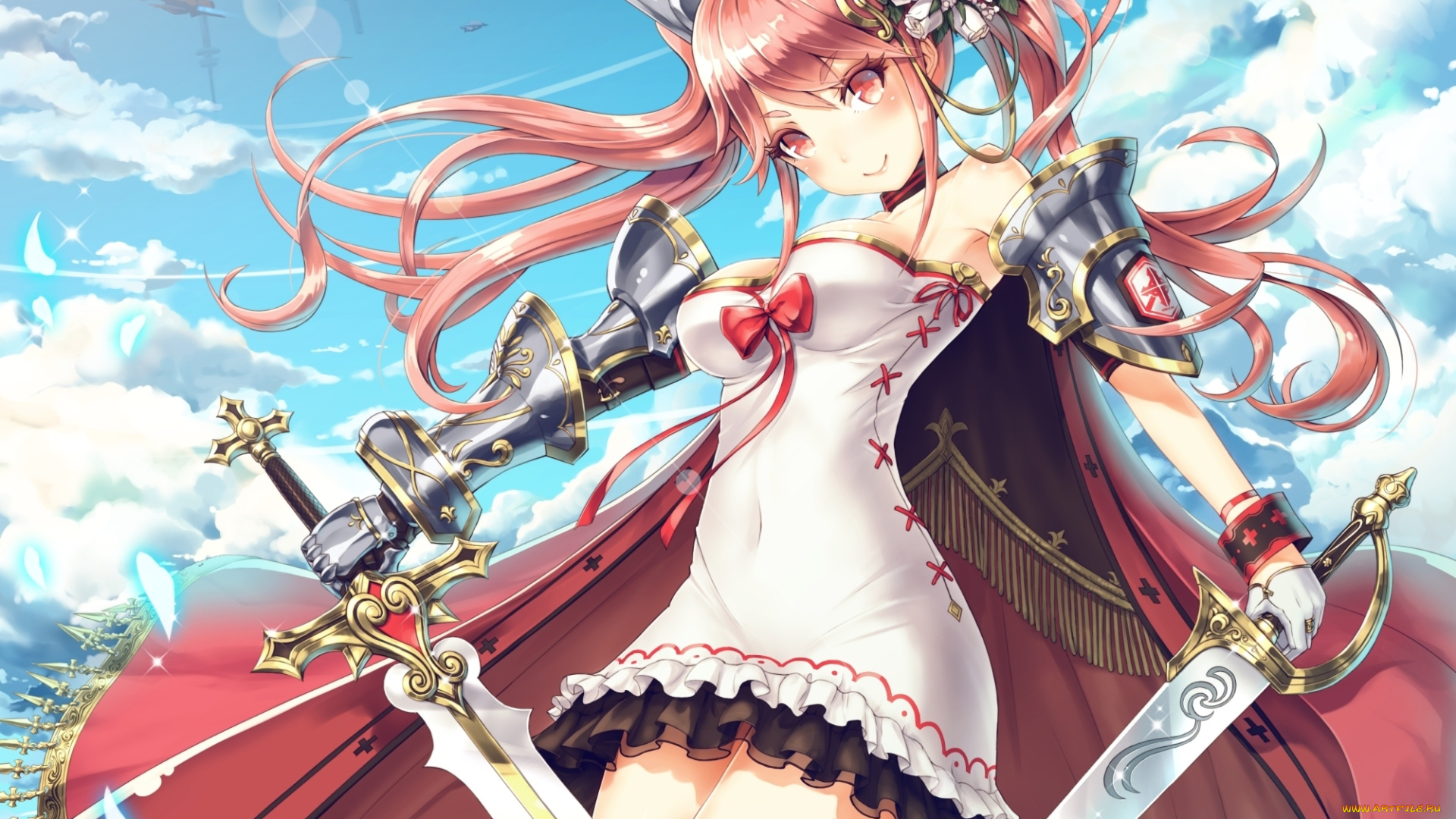 аниме, -weapon, , blood, &, technology, небо, девушка, бант, плащ, ушки, цветы, оружие, облака, город, самолеты, мечи, броня