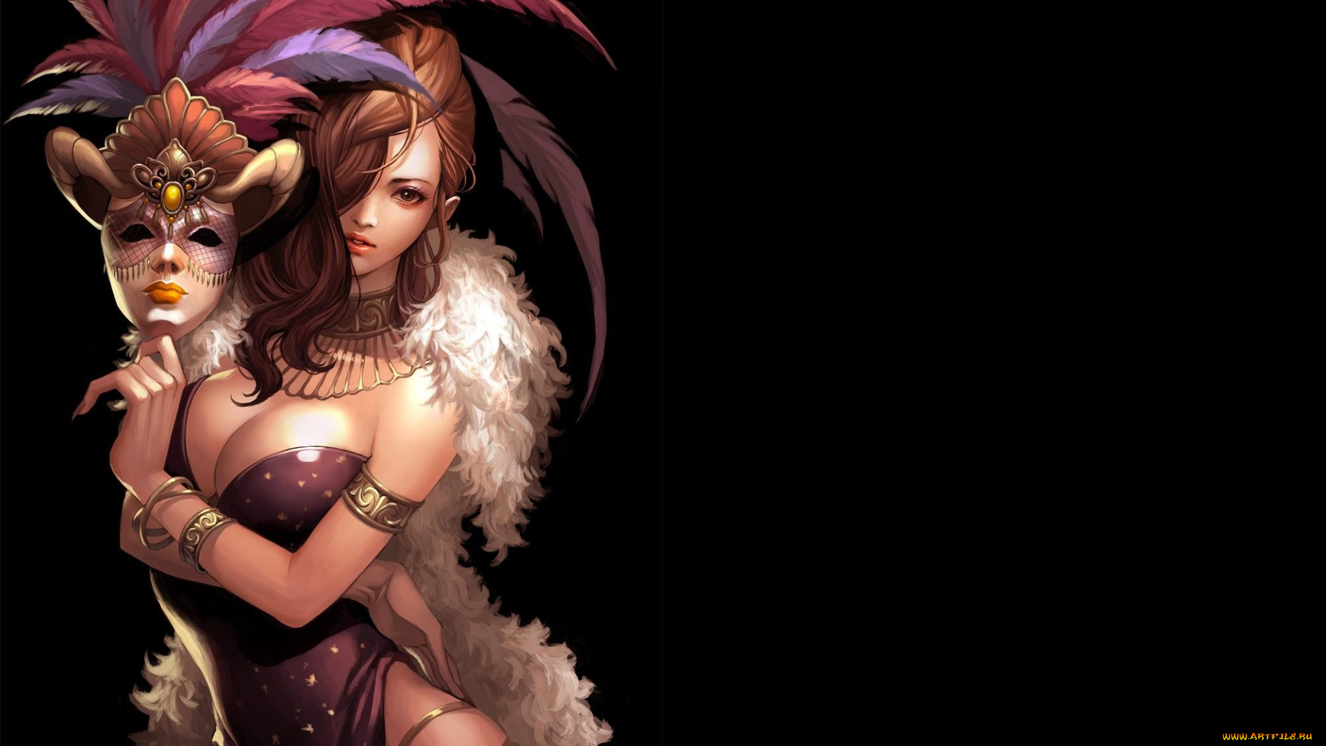 фэнтези, девушки, мех, sigmul, перья, маска, темный, фон, девушка, арт