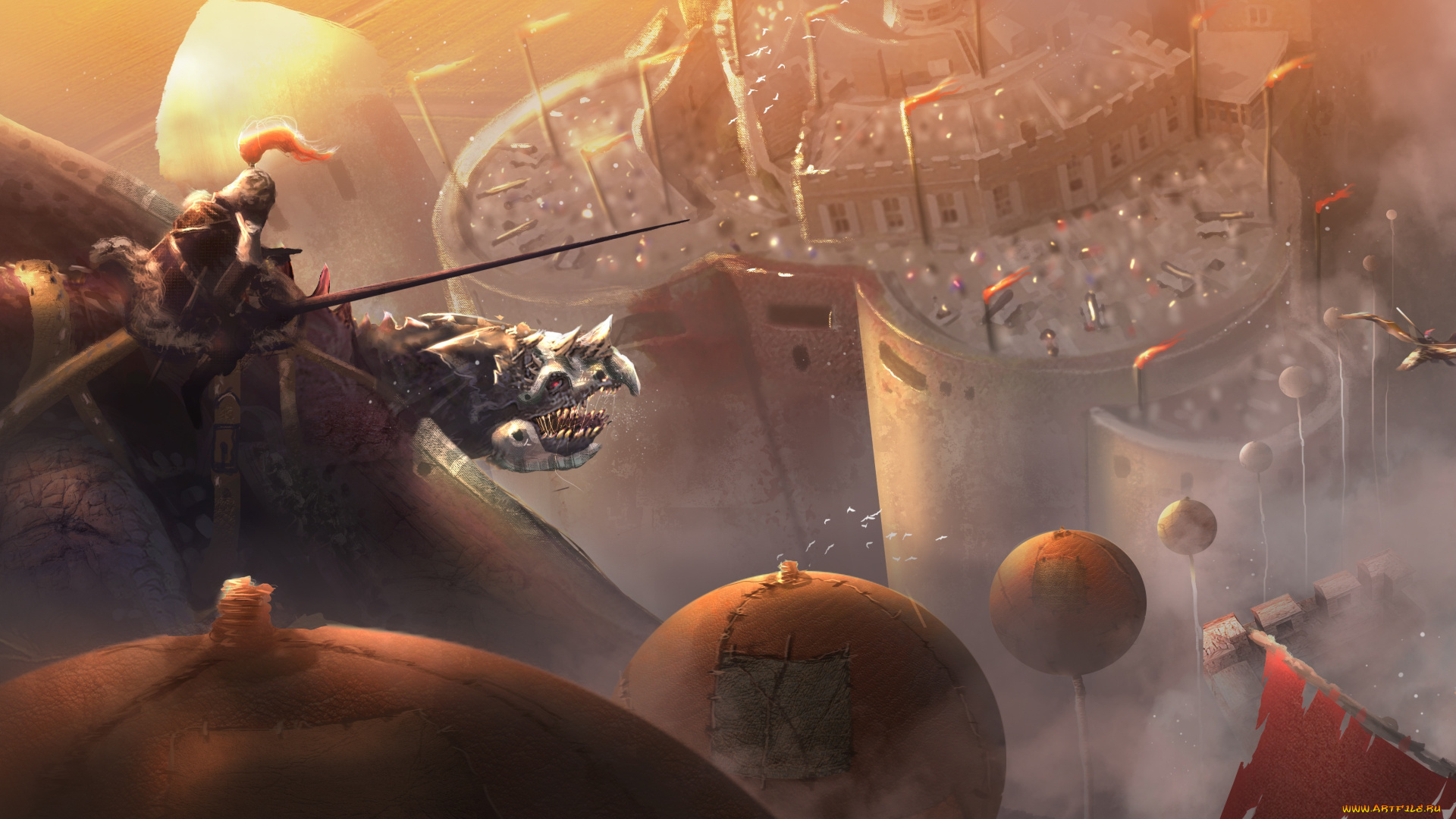 фэнтези, драконы, человек, полет, высота, город, всадник, дракон, арт