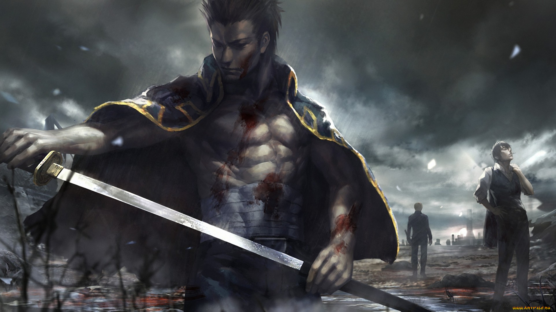 фэнтези, люди, курит, сигарета, плащ, рана, кровь, бинт, мрачно, тучи, катана, меч, парни