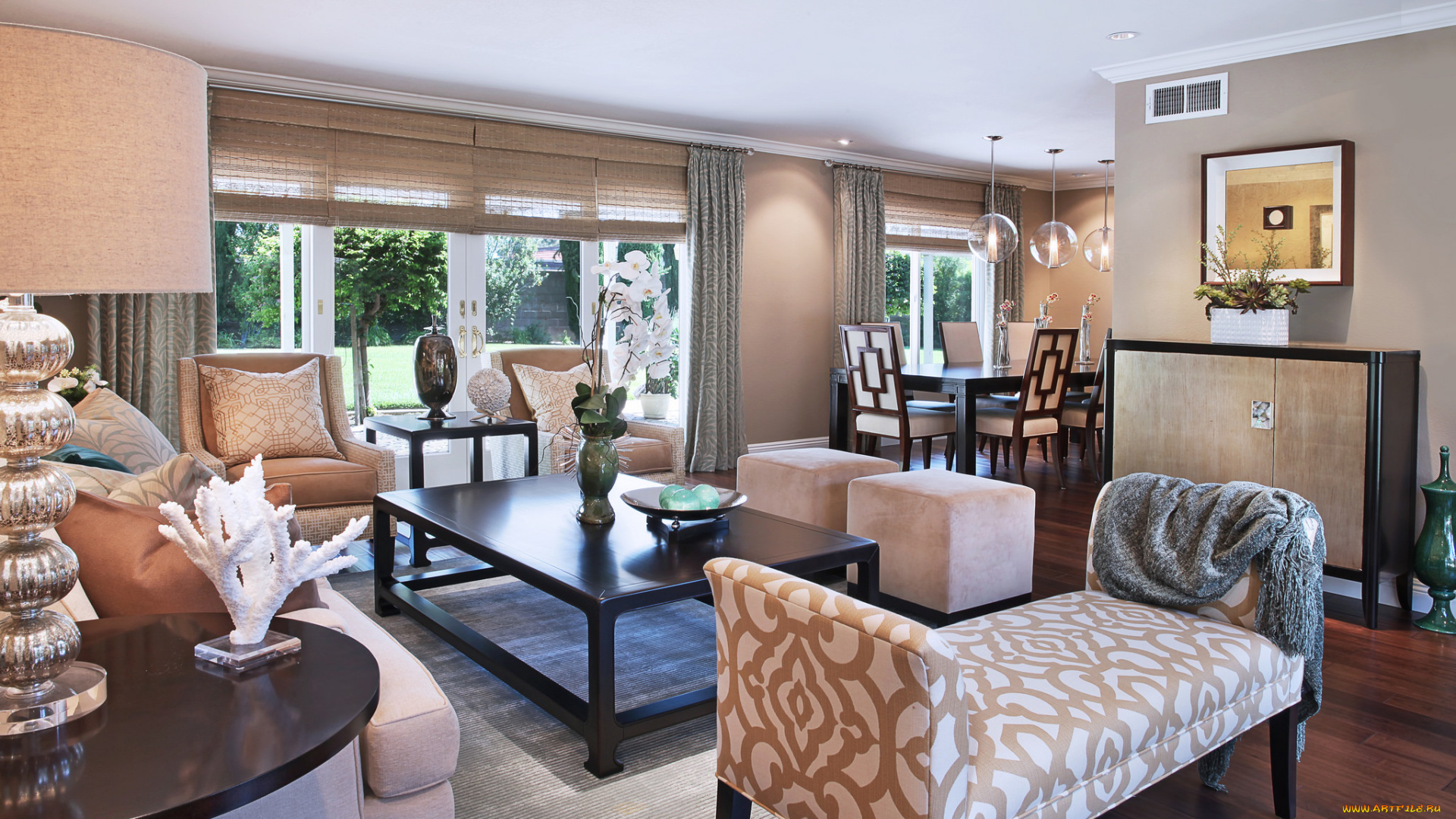 интерьер, гостиная, дизайн, стиль, цветы, зеркало, кресла, мебель