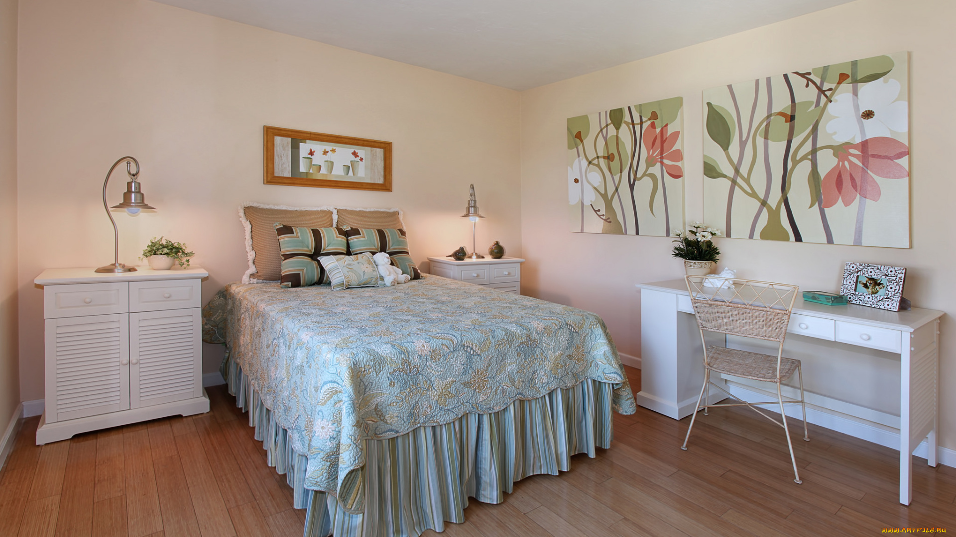 интерьер, спальня, стиль, столик, мебель, дизайн, картины