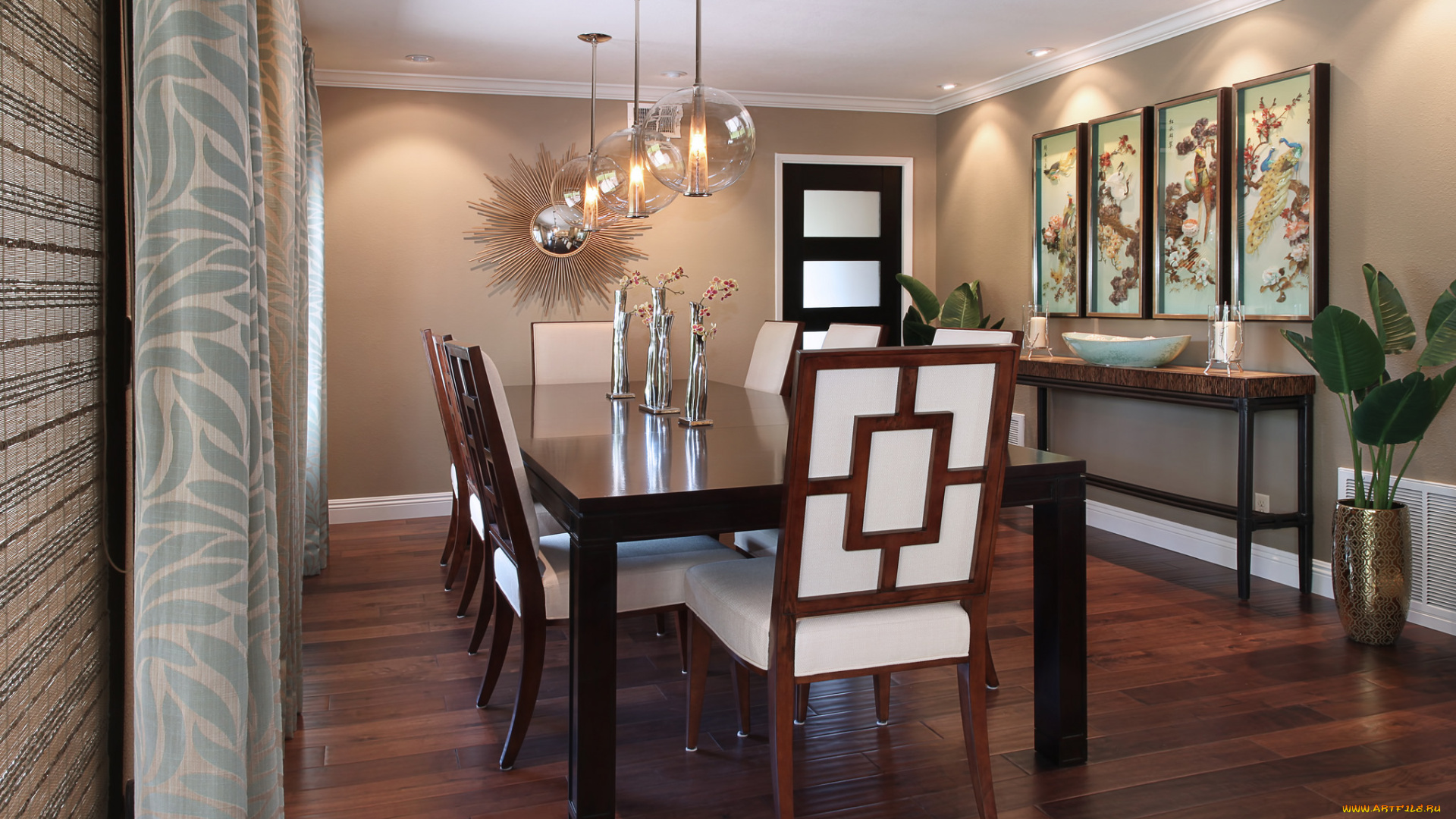 интерьер, столовая, мебель, дизайн, стиль, цветы, картины, люстры