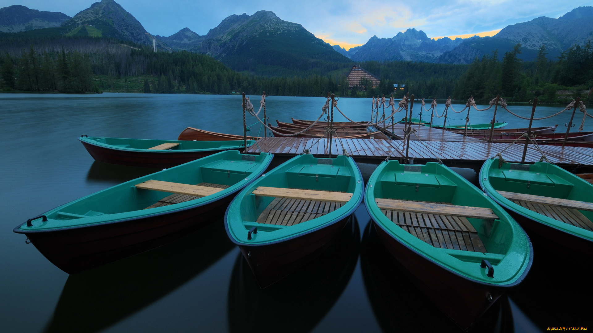 корабли, лодки, , шлюпки, спокойствие, утро, причал, озеро, лес, горы