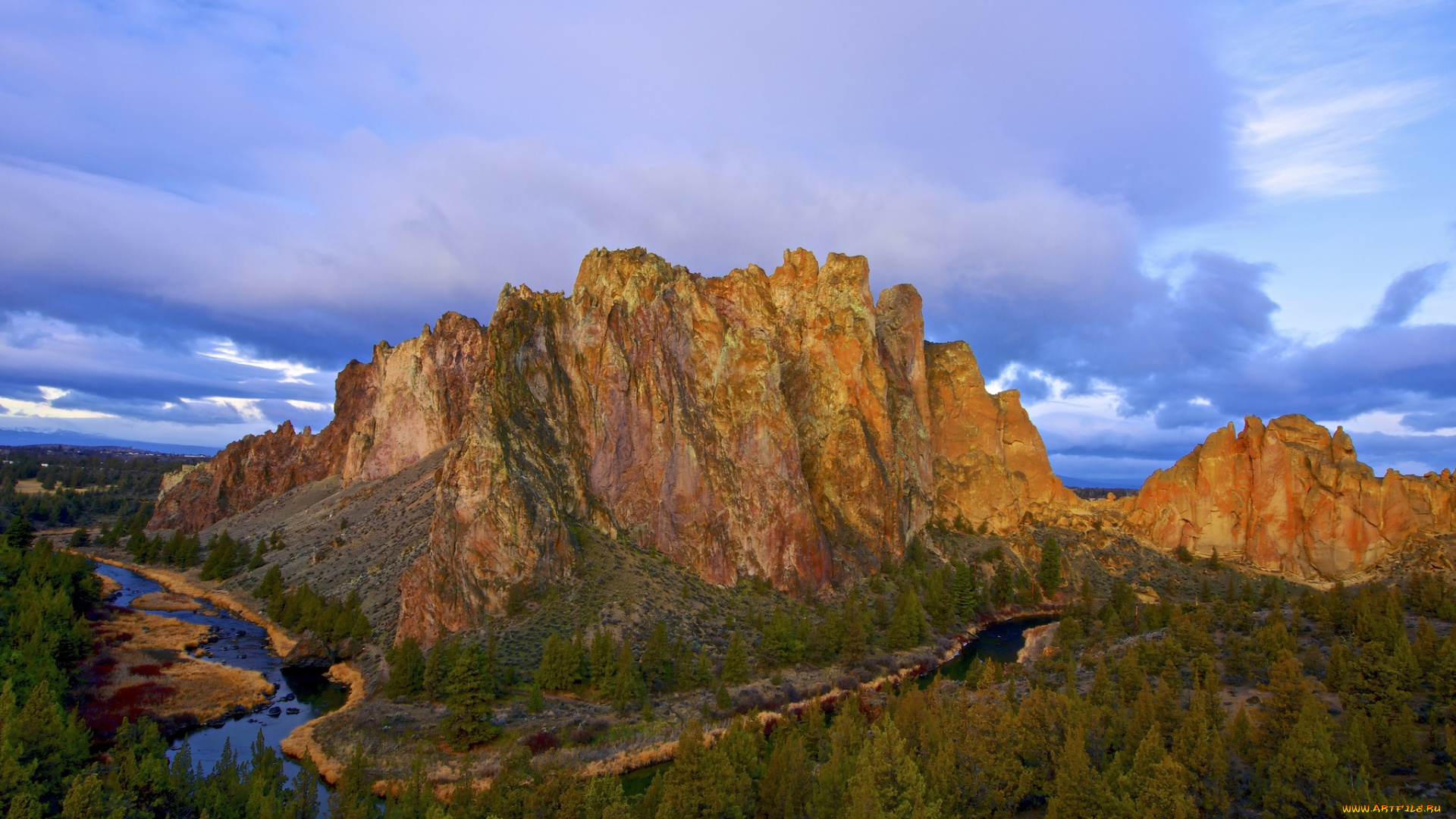 природа, горы, деревья, crooked, river, извилистая, река, гора, штат, орегон, сша, утро, облака