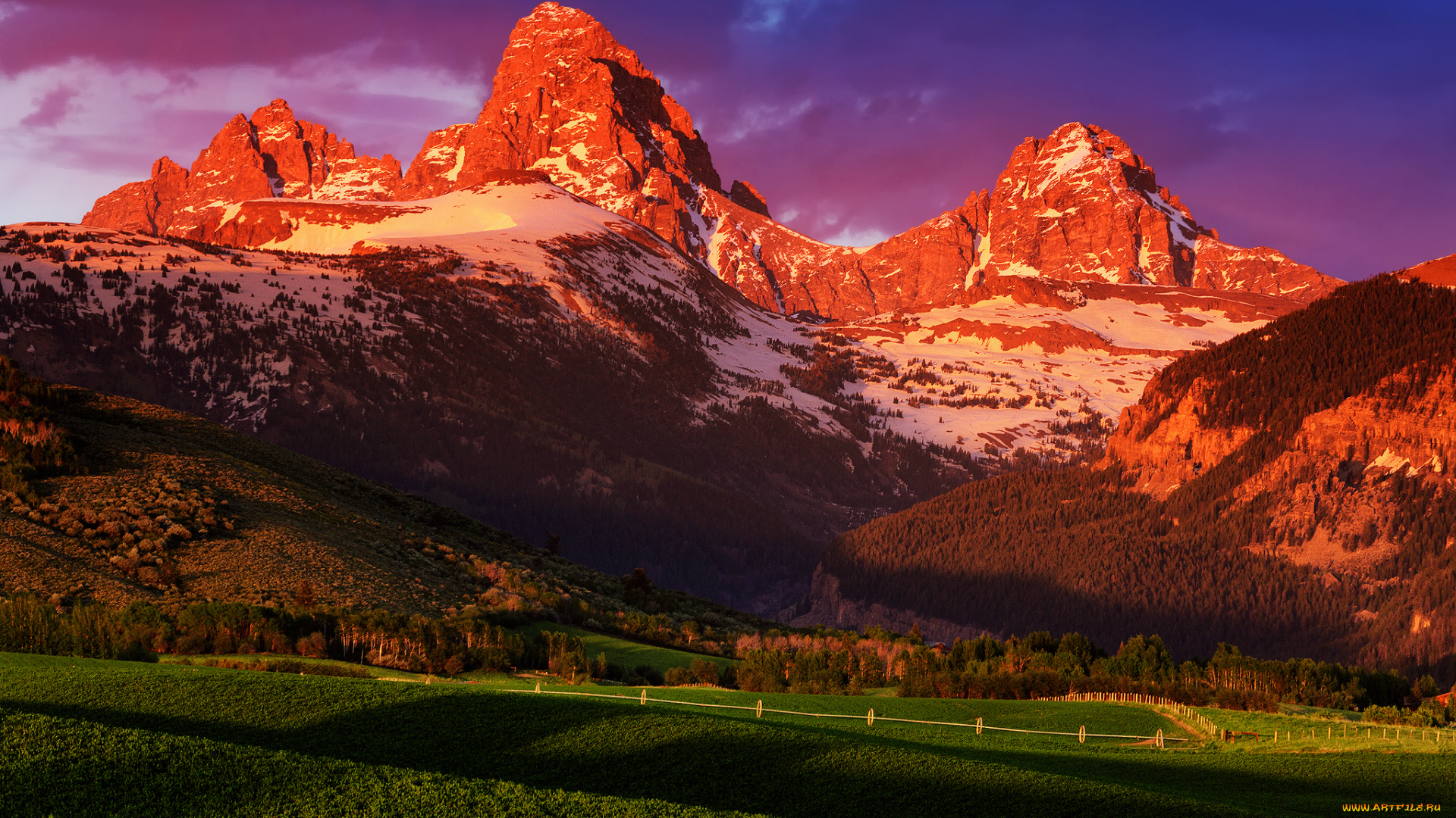 природа, горы, ферма, закат, июнь, лето, гранд-титон, национальный, парк, штата, вайоминг, сша