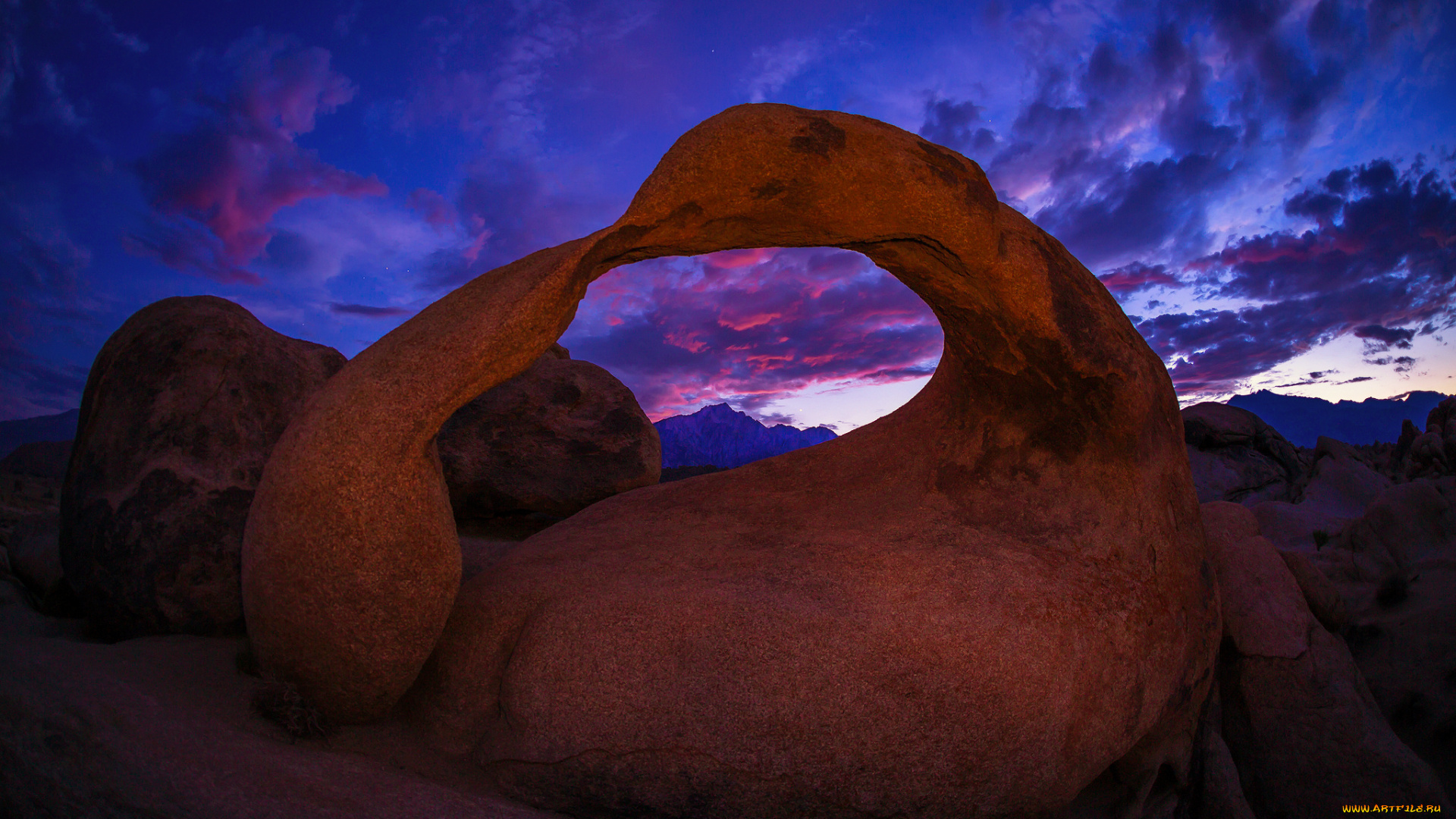 природа, горы, сша, калифорния, арка, скалы, облака, закат, вечер, mobius, arch, alabama, hills