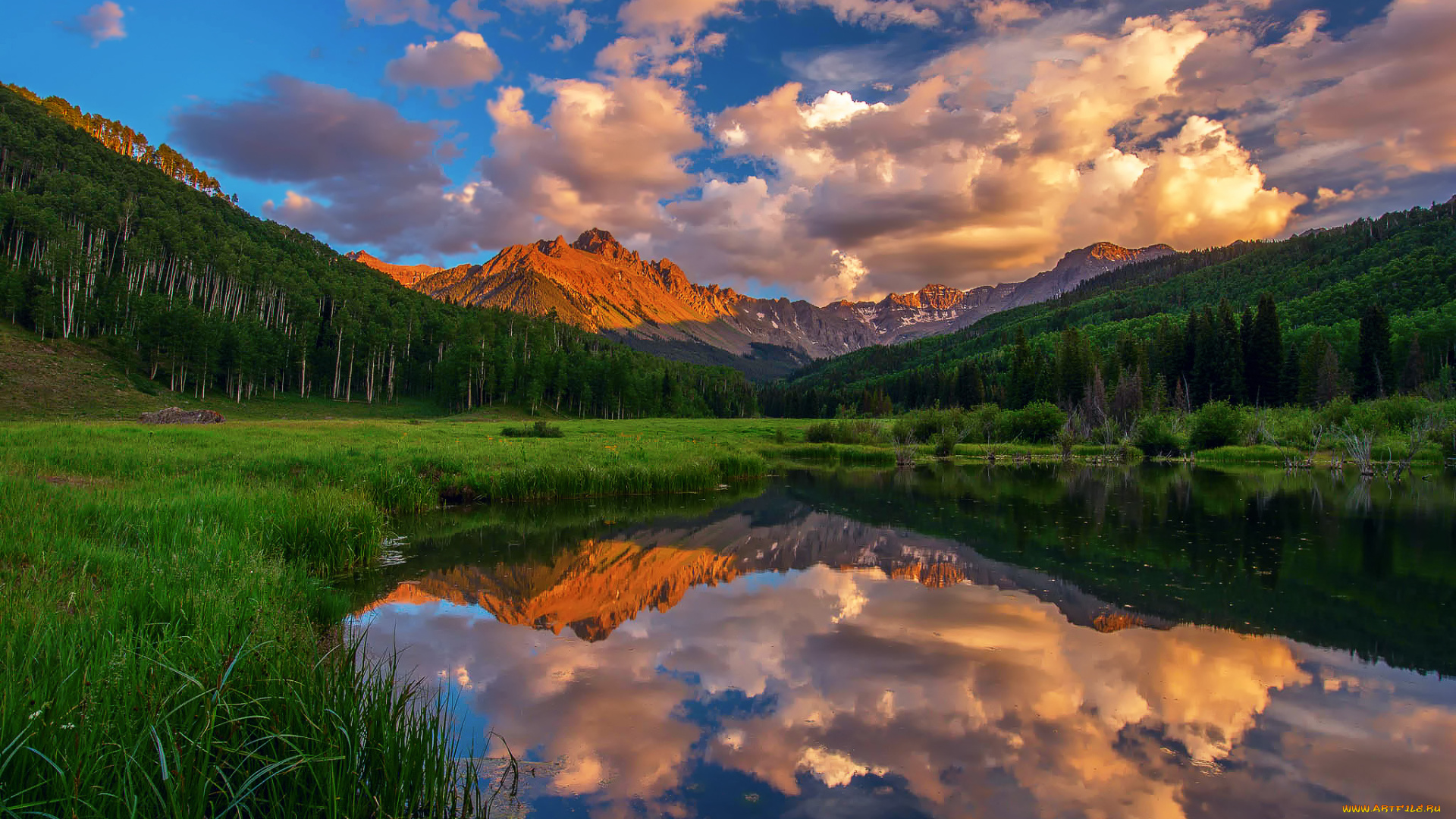 природа, реки, озера, небо, вода, отражения, облака, озеро, лес, горы, mt, sneffels, колорадо, сша