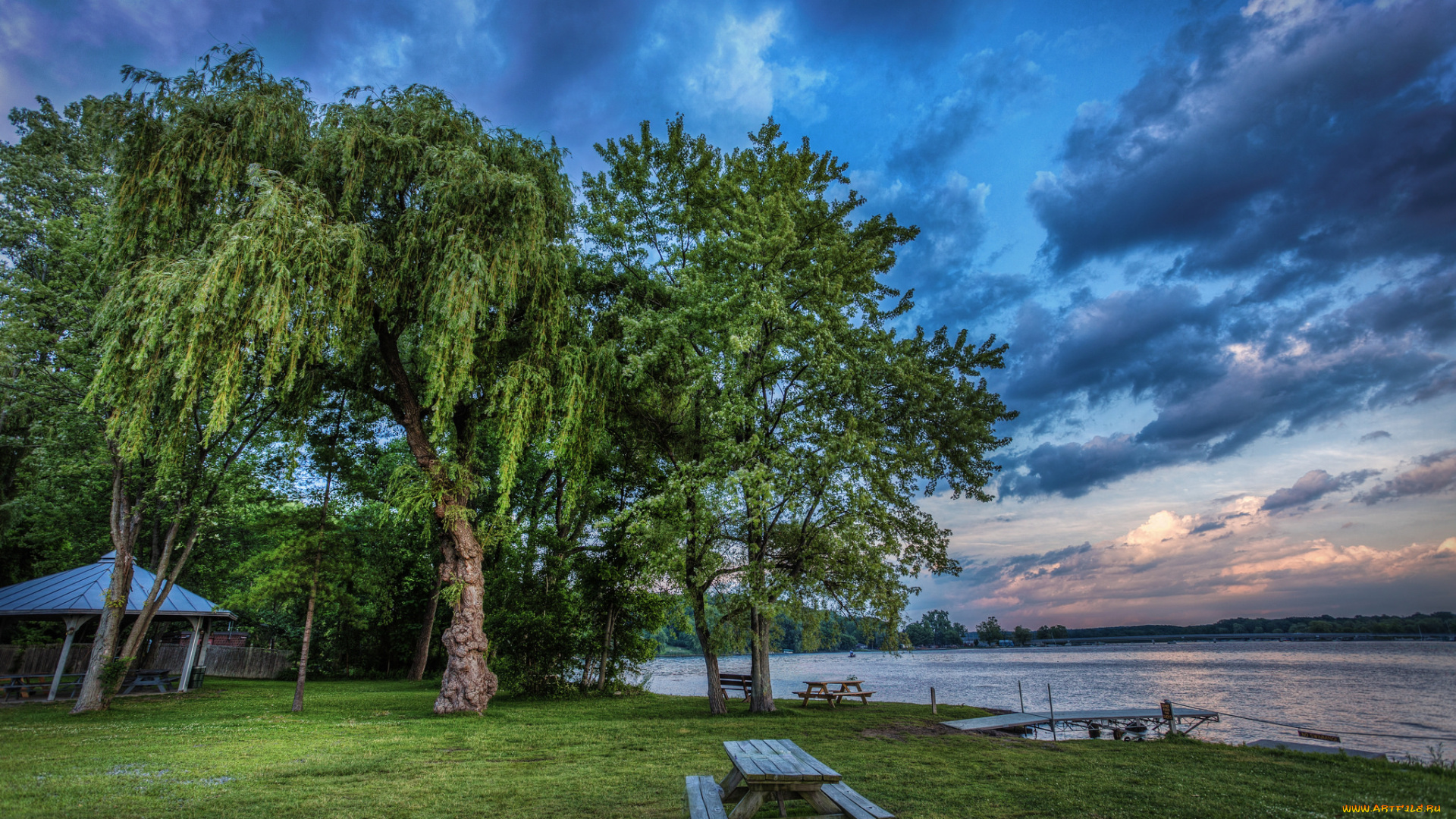 природа, реки, озера, скамейка, деревья, лужайка, река