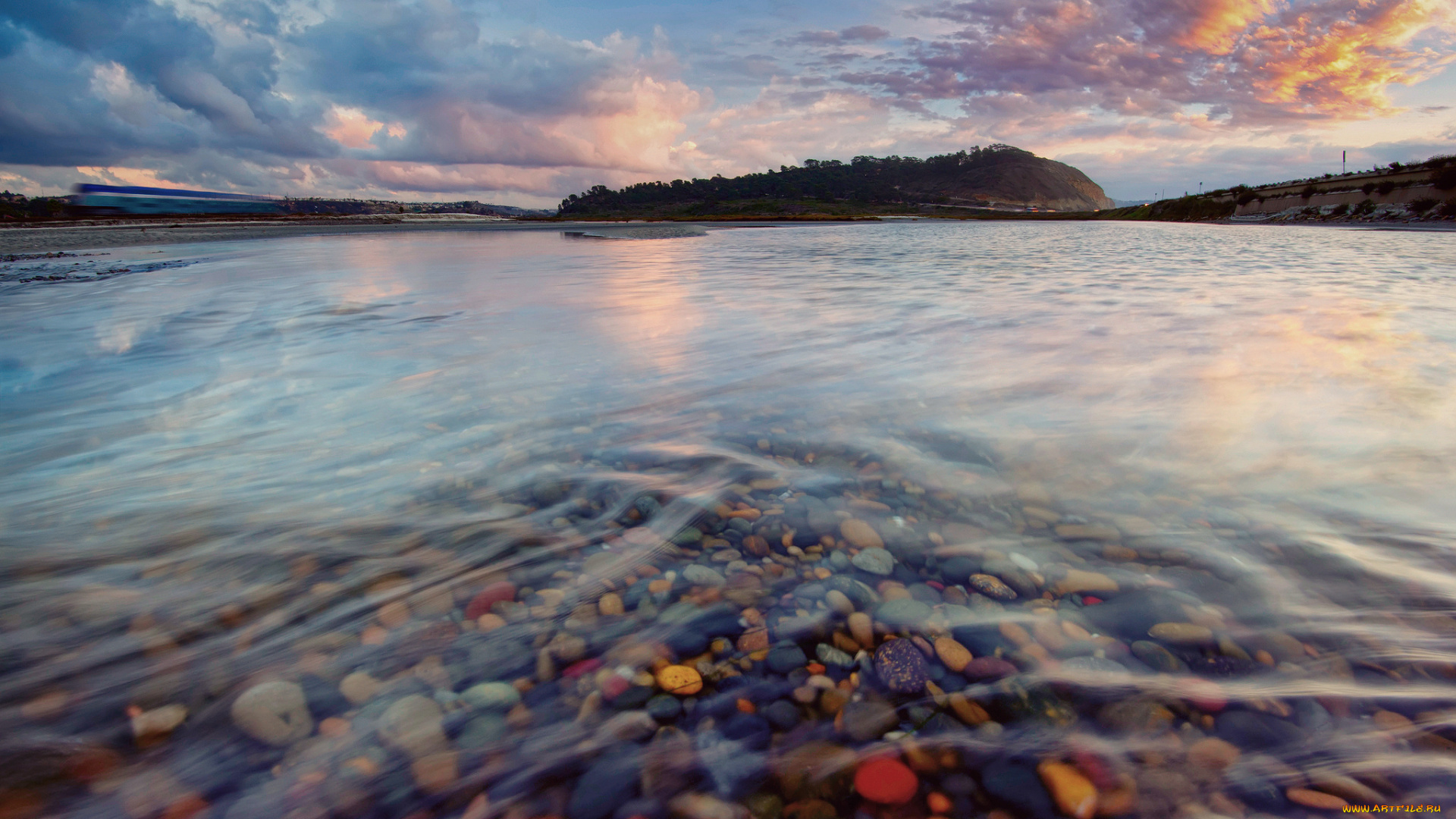 природа, реки, озера, выдержка, поезд, дорога, вода, камни, небо, облака
