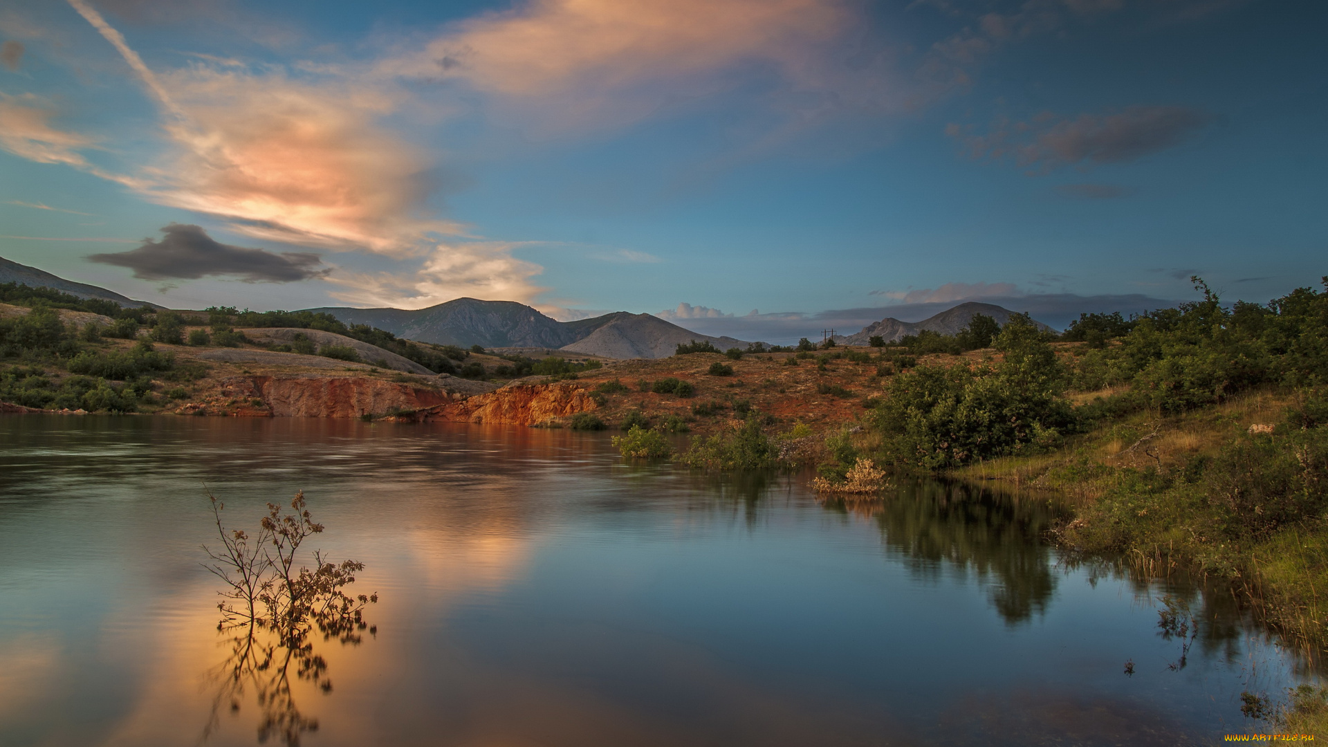 природа, реки, озера, закат, озеро, горы, холмы