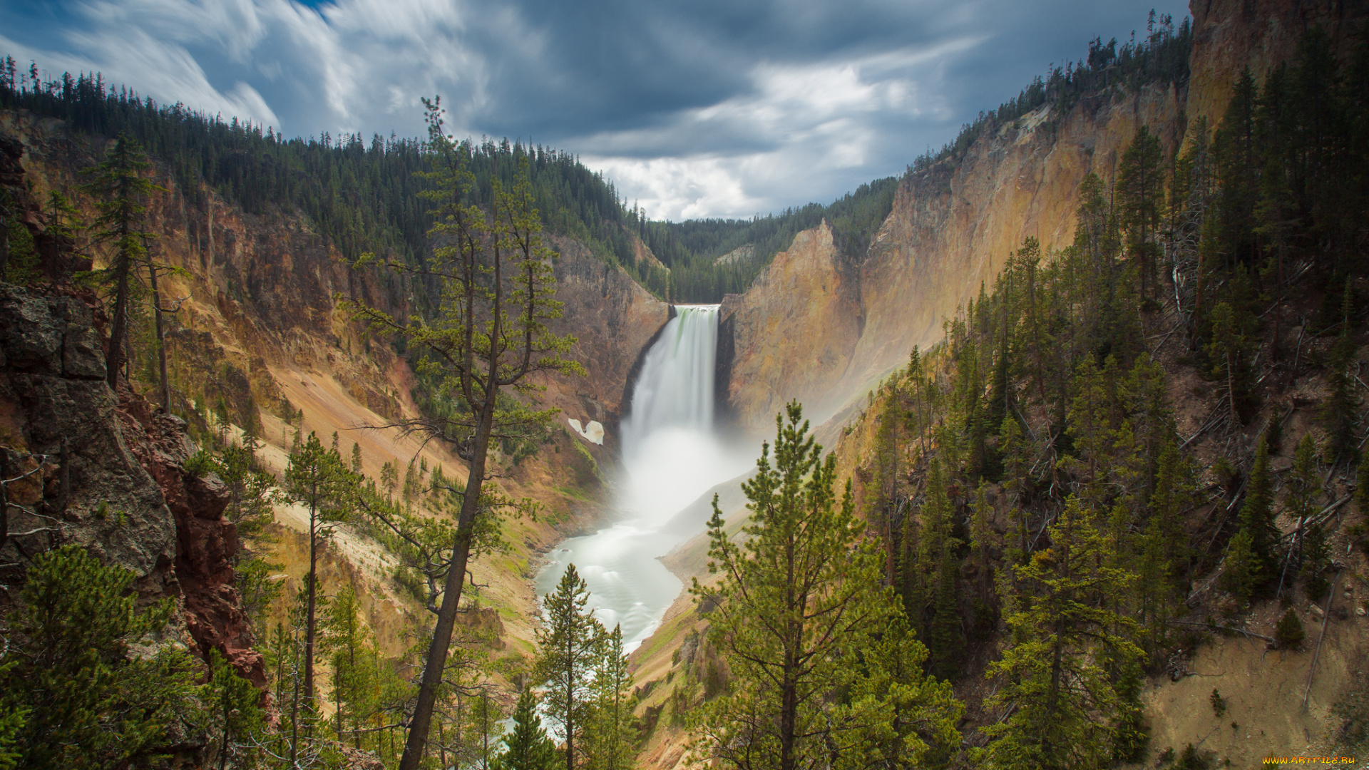 природа, водопады, canyon, junction, wyoming, usа, lower, falls, yellowstone, national, park, водопад, скала, лес