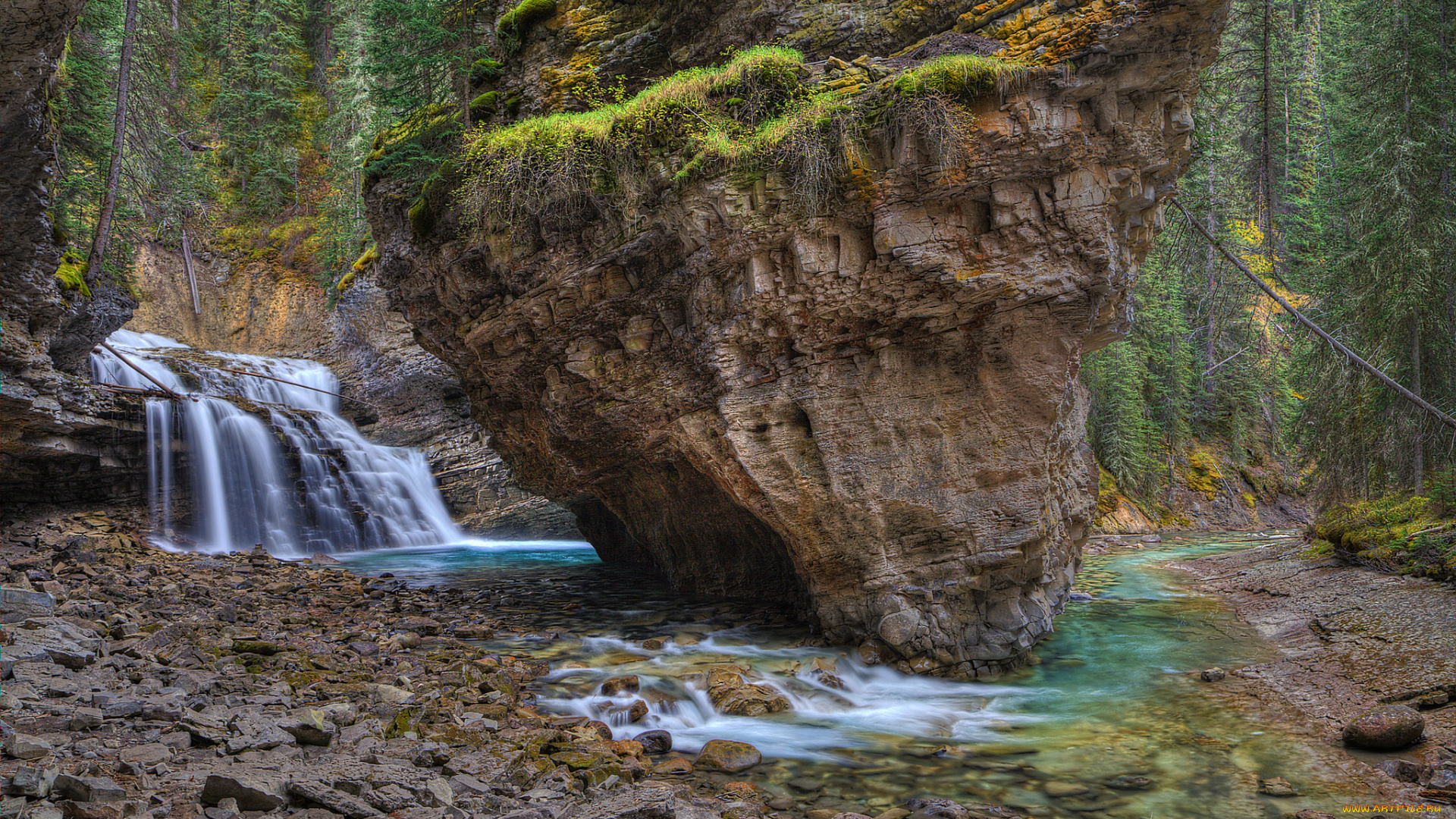 природа, водопады, лес, река, водопад, скалы
