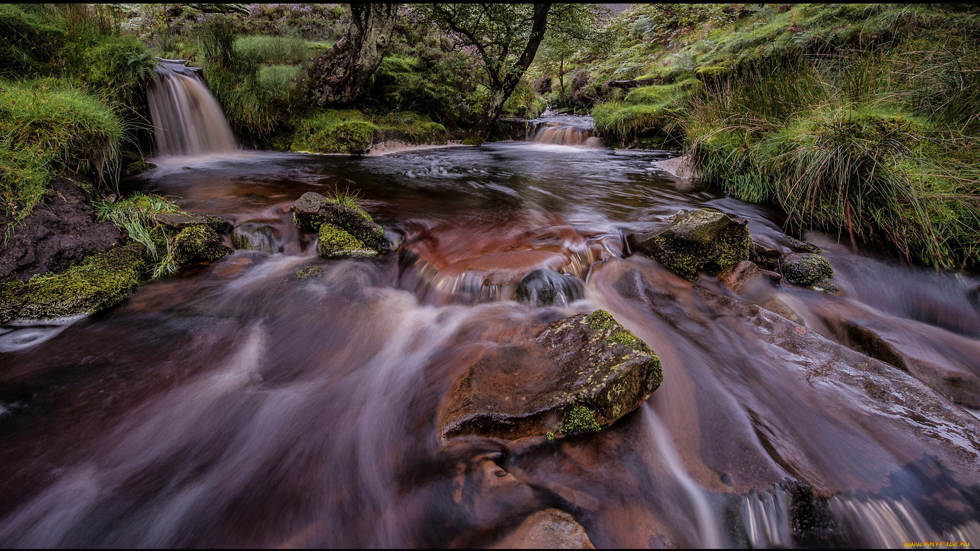 природа, водопады, река, потоки, каскад, камни, трава